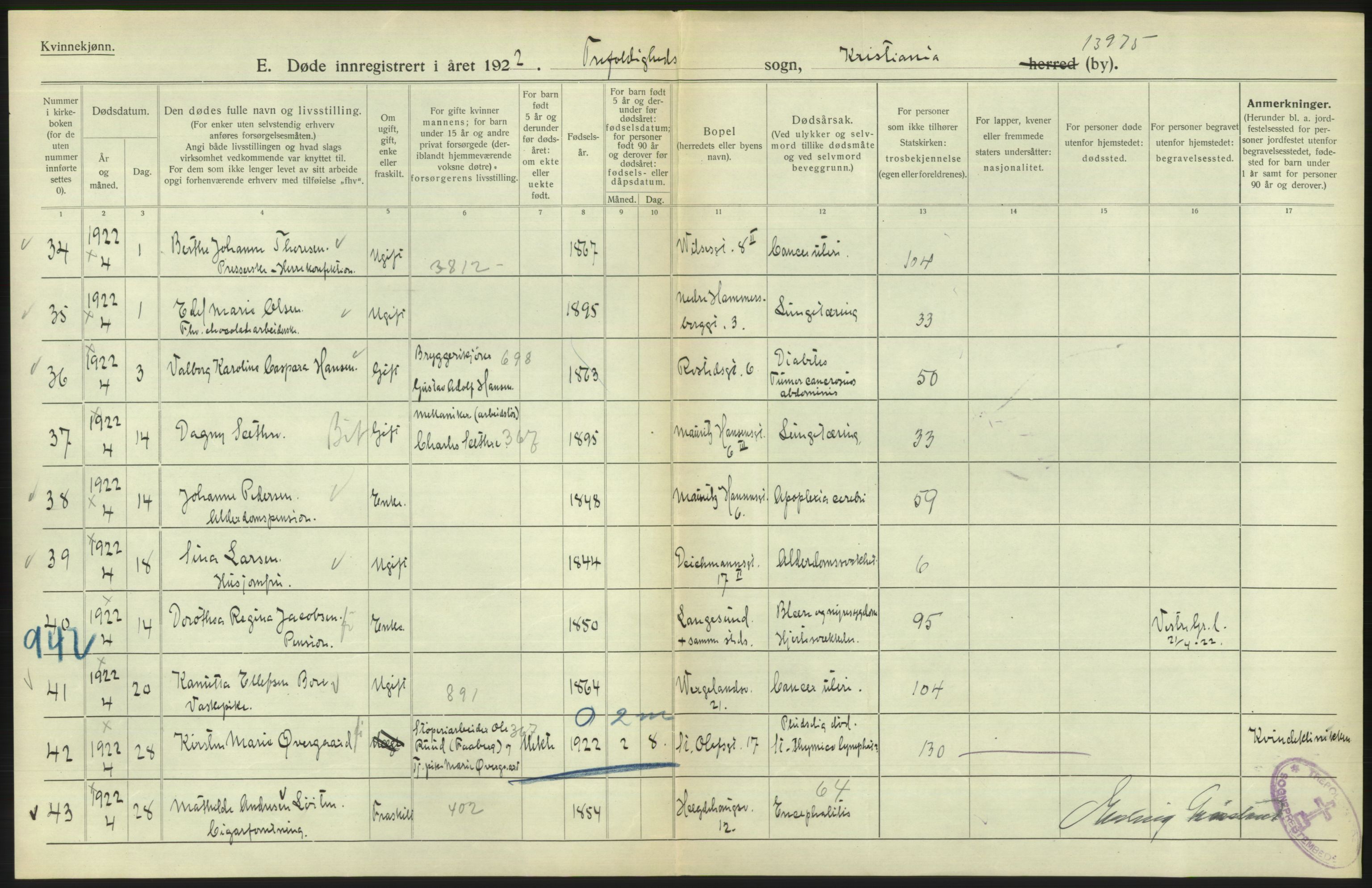 Statistisk sentralbyrå, Sosiodemografiske emner, Befolkning, AV/RA-S-2228/D/Df/Dfc/Dfcb/L0009: Kristiania: Døde, 1922, p. 152