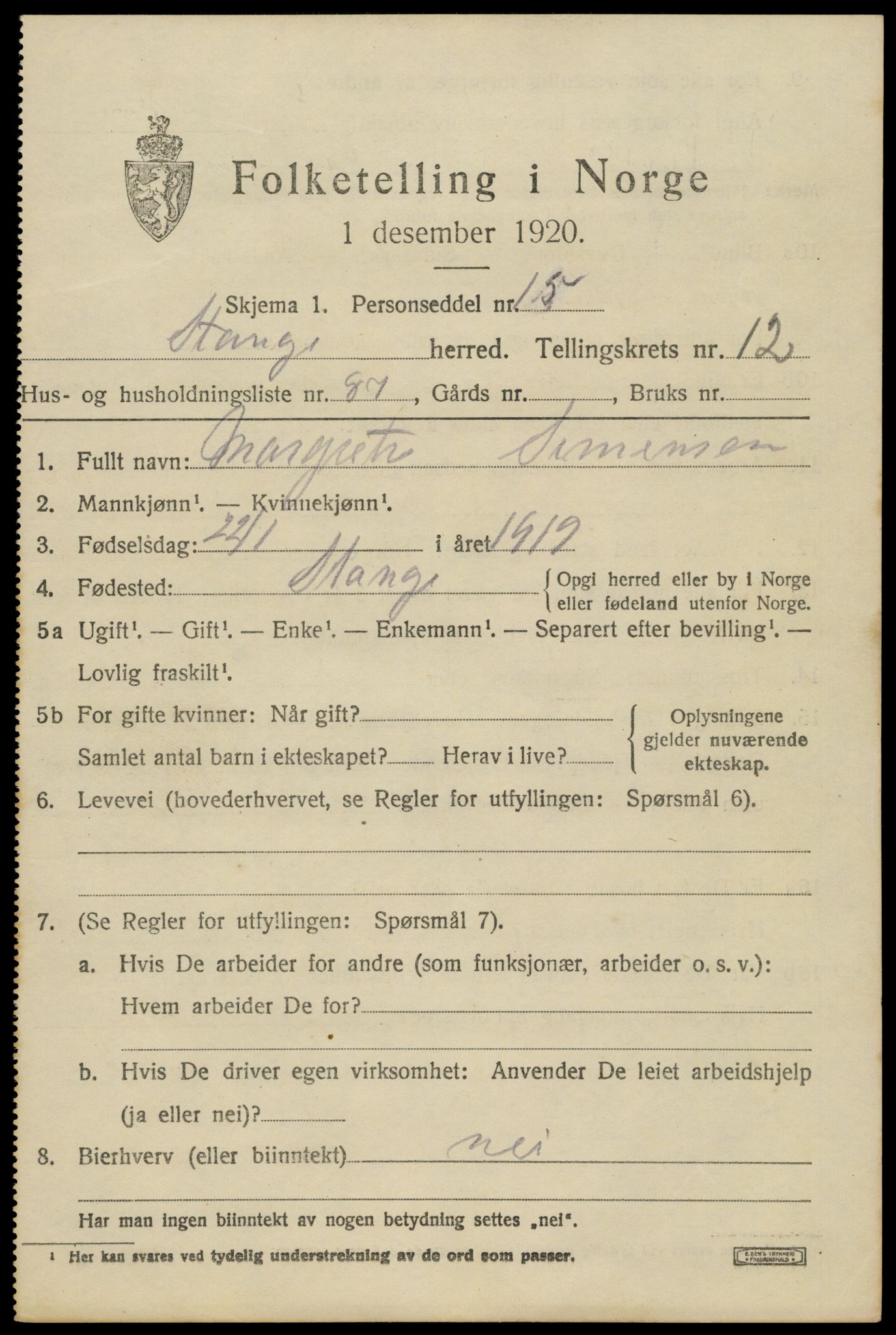 SAH, 1920 census for Stange, 1920, p. 19391