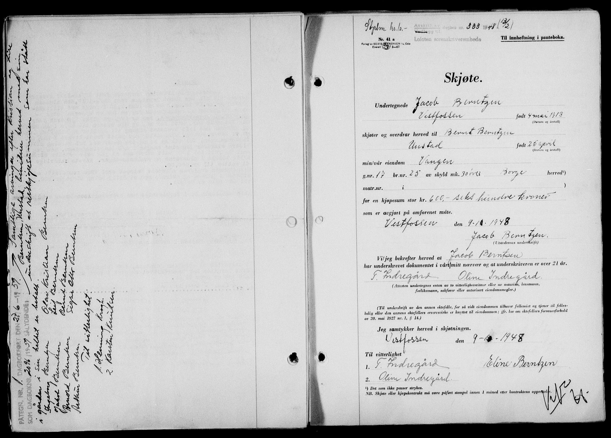 Lofoten sorenskriveri, SAT/A-0017/1/2/2C/L0017a: Mortgage book no. 17a, 1947-1948, Diary no: : 333/1948