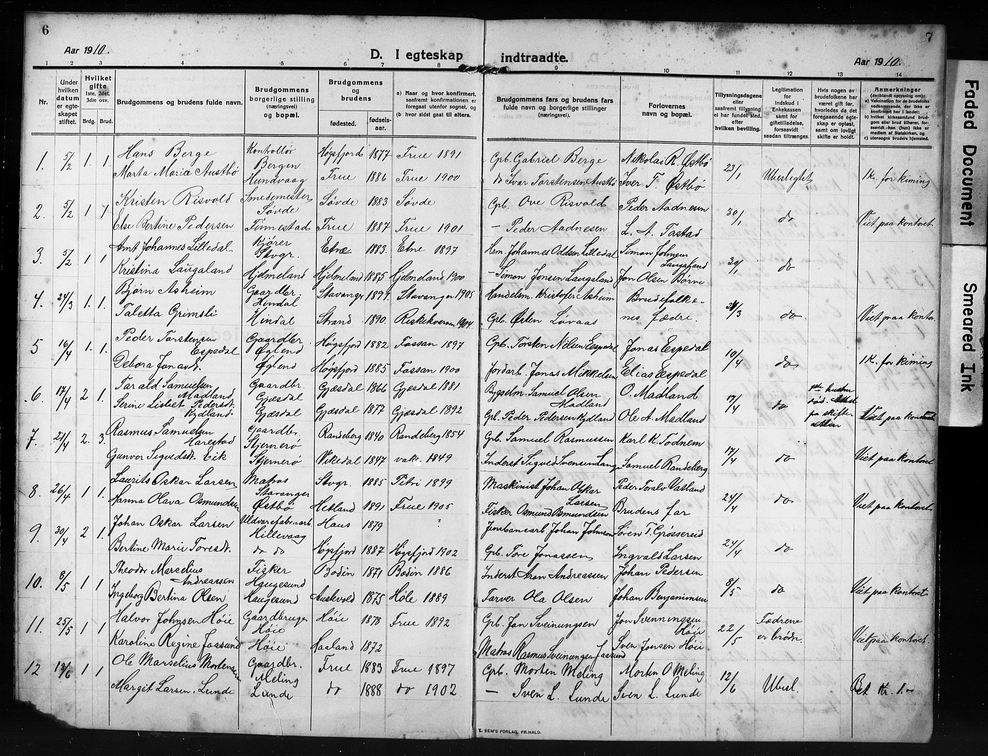 Hetland sokneprestkontor, SAST/A-101826/30/30BB/L0009: Parish register (copy) no. B 9, 1910-1931, p. 6-7