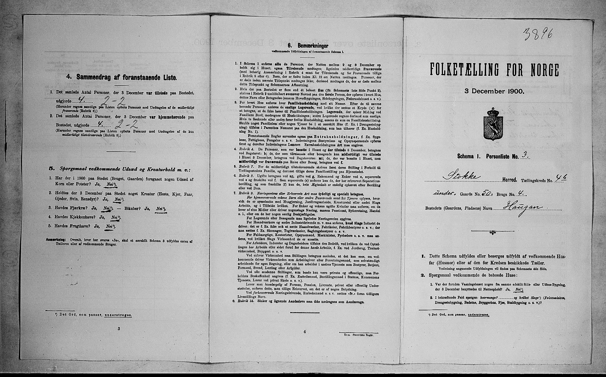 RA, 1900 census for Stokke, 1900, p. 897