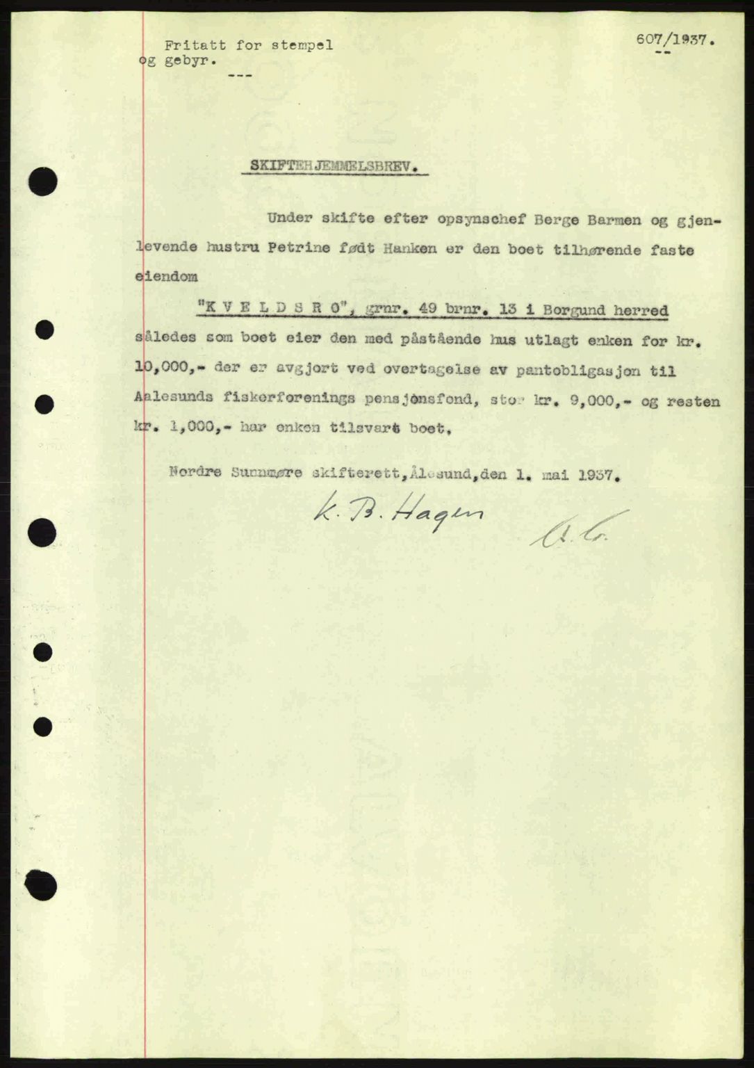 Nordre Sunnmøre sorenskriveri, AV/SAT-A-0006/1/2/2C/2Ca: Mortgage book no. A2, 1936-1937, Diary no: : 607/1937