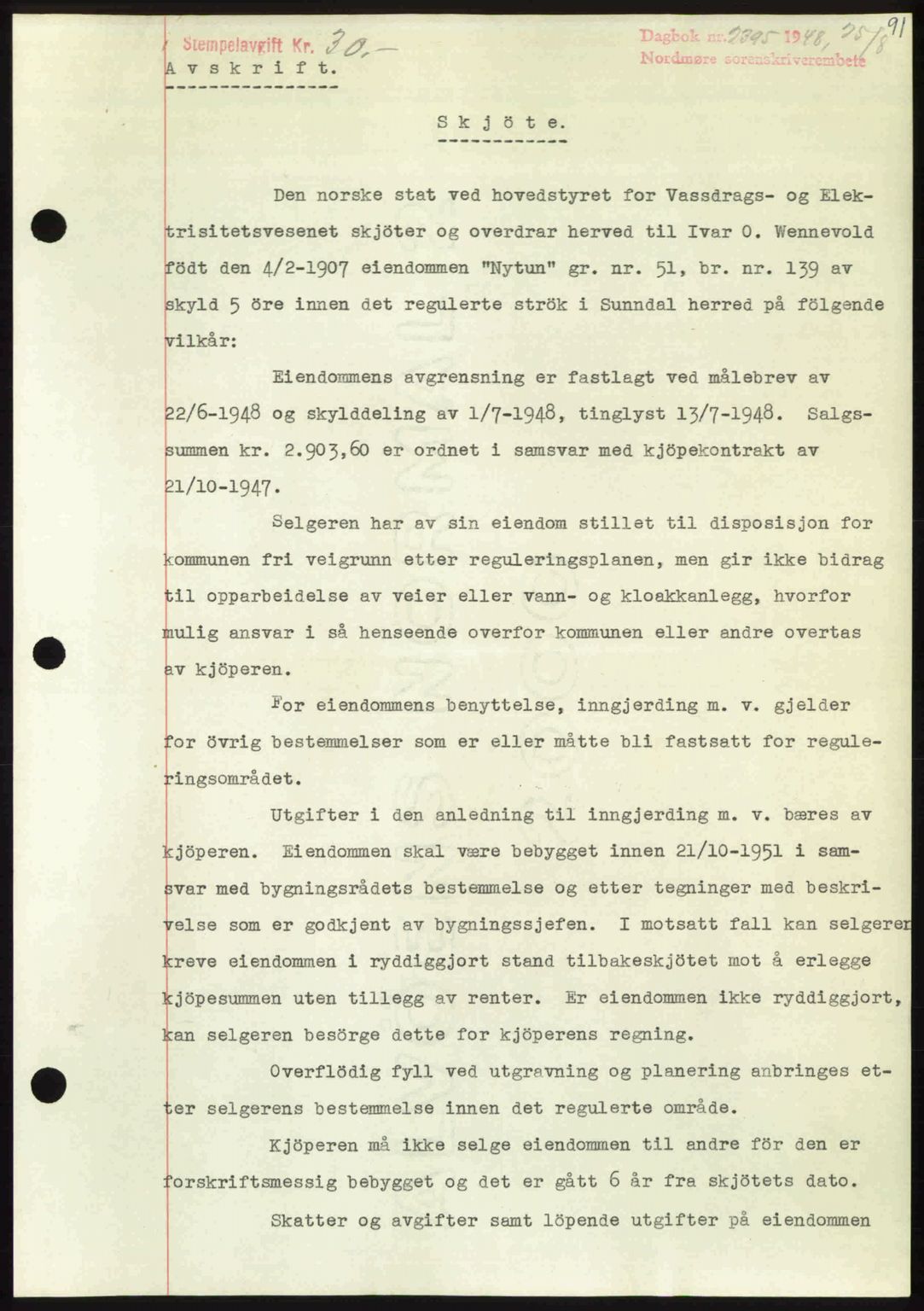 Nordmøre sorenskriveri, AV/SAT-A-4132/1/2/2Ca: Mortgage book no. A109, 1948-1948, Diary no: : 2395/1948