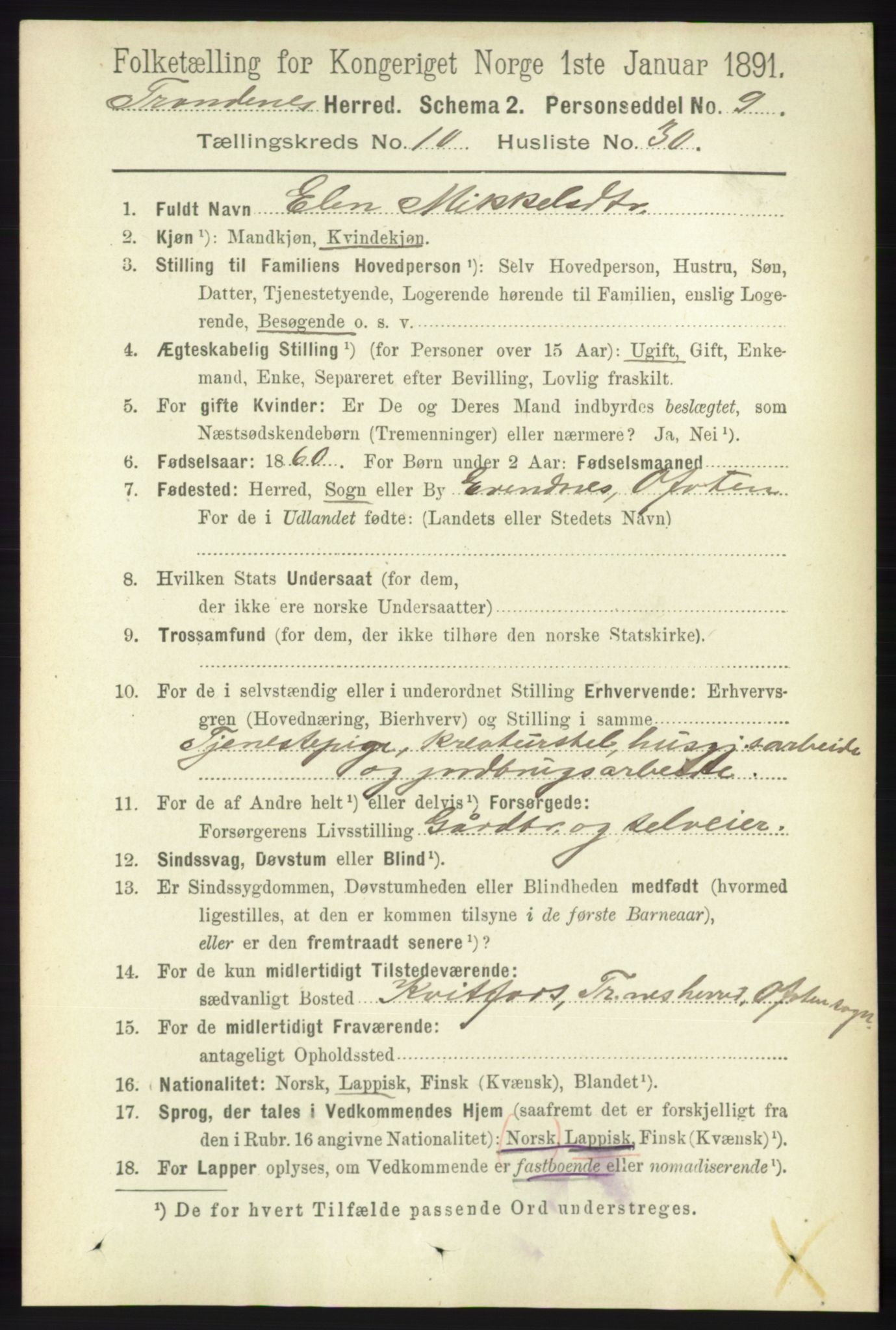 RA, 1891 census for 1914 Trondenes, 1891, p. 7708