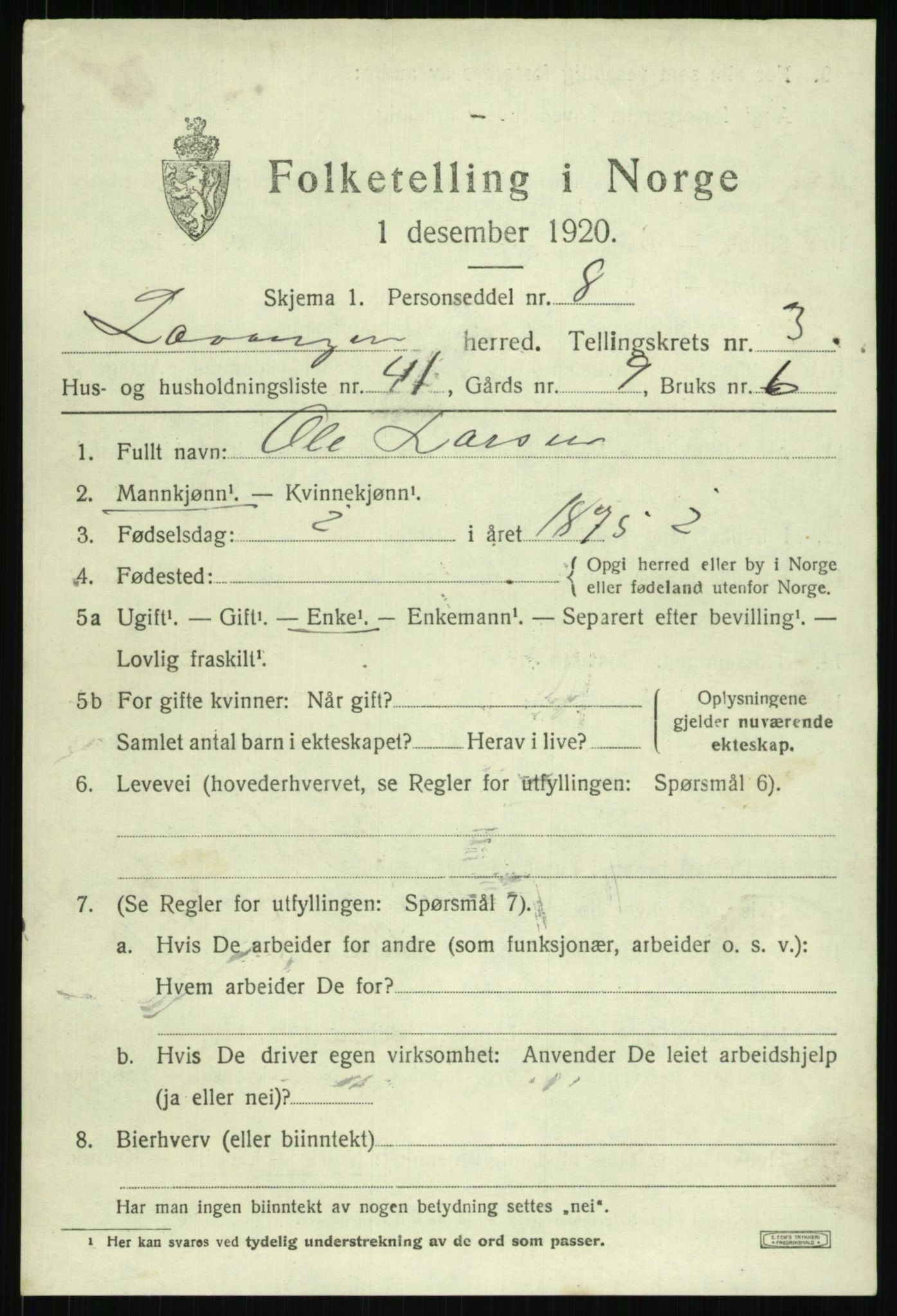 SATØ, 1920 census for Lavangen, 1920, p. 1903