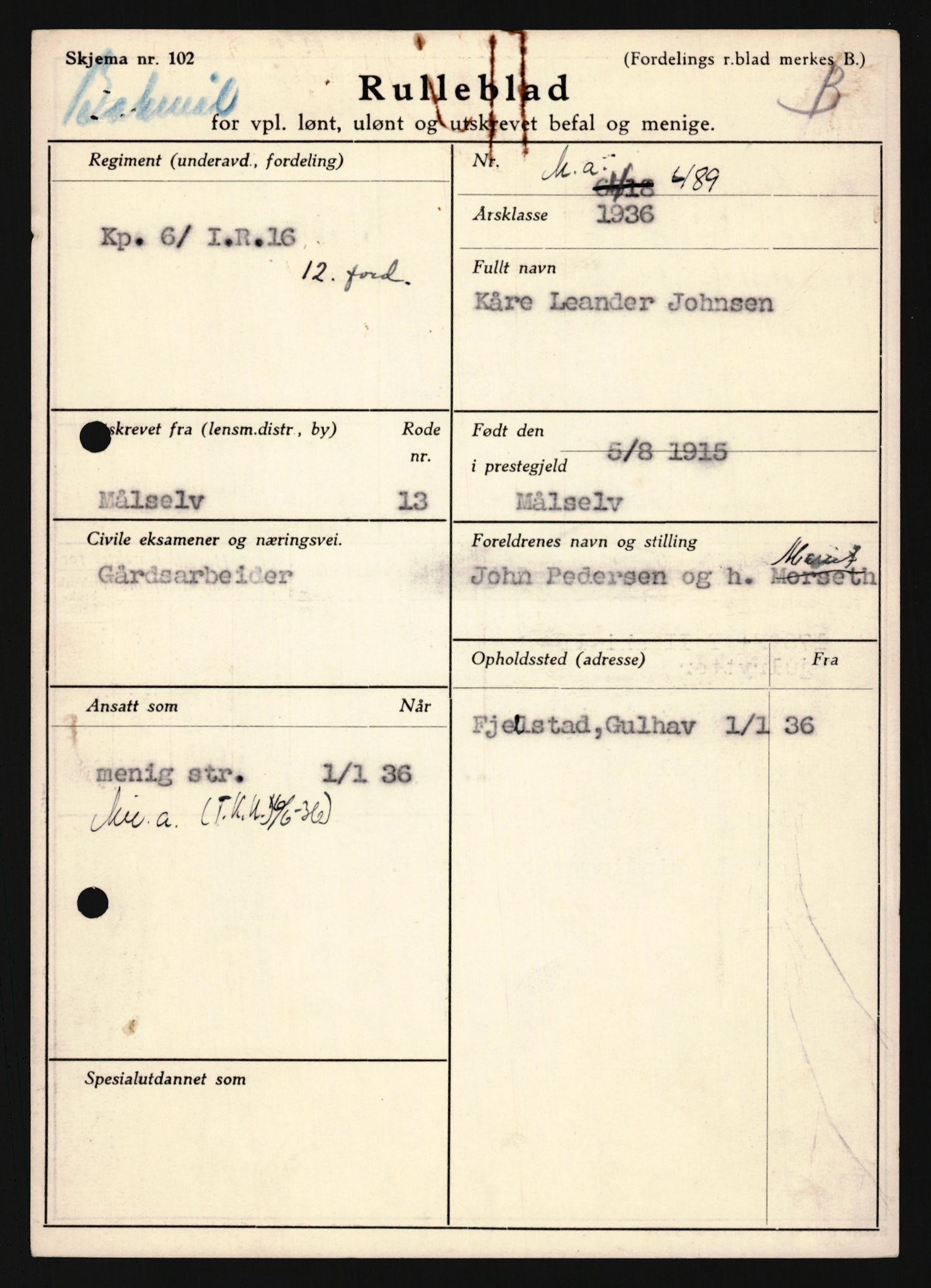 Forsvaret, Troms infanteriregiment nr. 16, AV/RA-RAFA-3146/P/Pa/L0020: Rulleblad for regimentets menige mannskaper, årsklasse 1936, 1936, p. 739