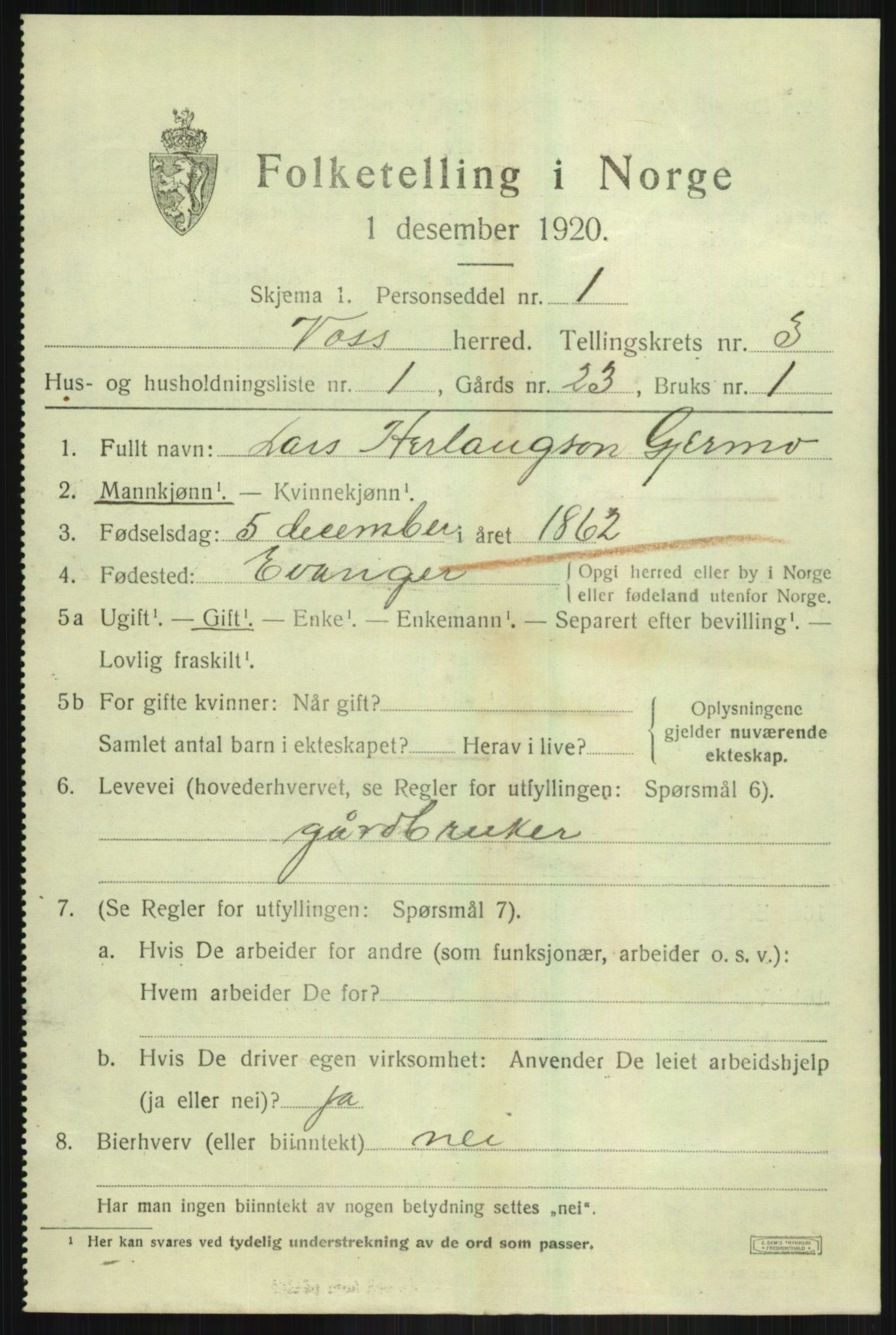 SAB, 1920 census for Voss, 1920, p. 3967
