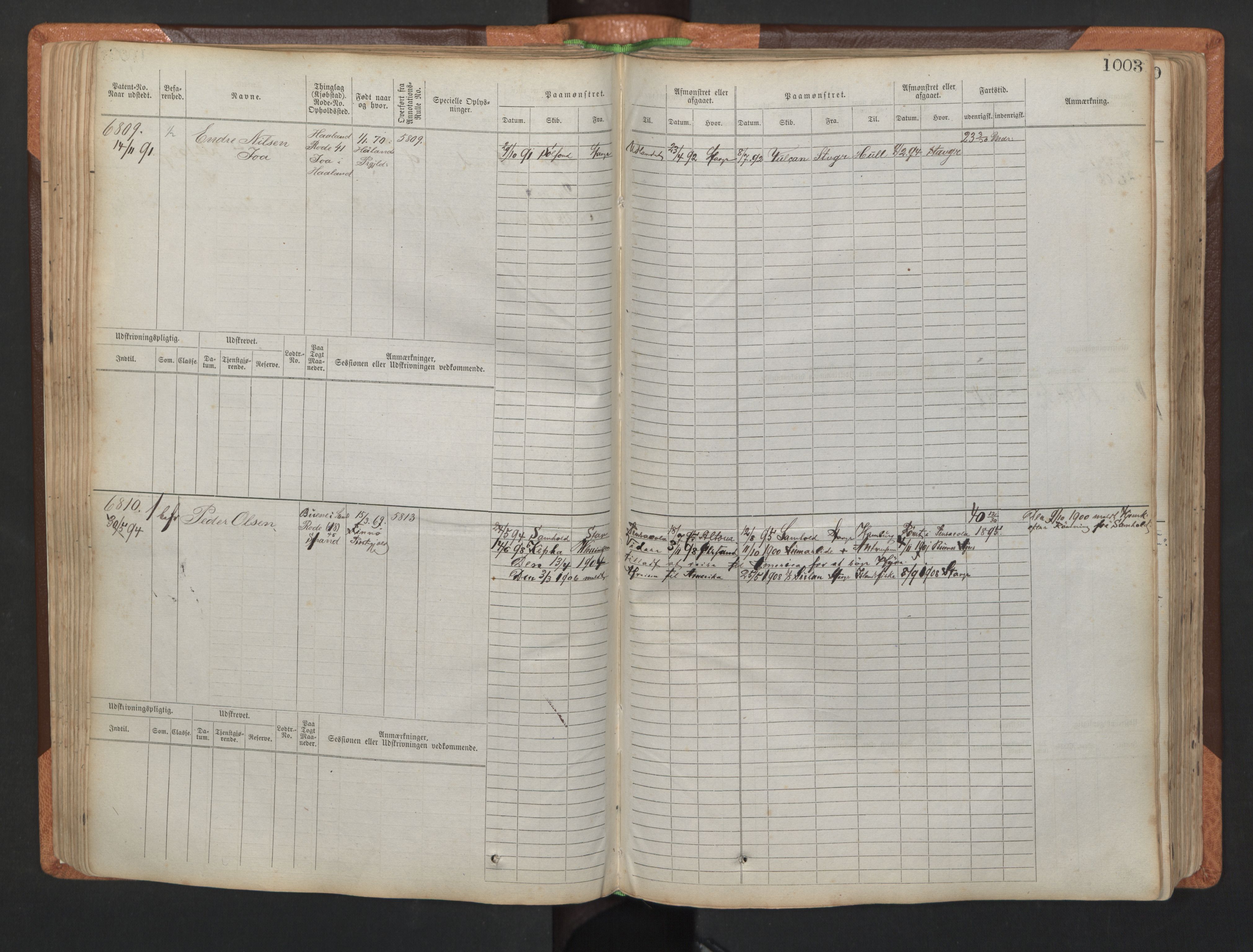 Stavanger sjømannskontor, AV/SAST-A-102006/F/Fb/Fbb/L0011: Sjøfartshovedrulle, patentnr. 6607-7206 (del 2), 1887-1896, p. 106