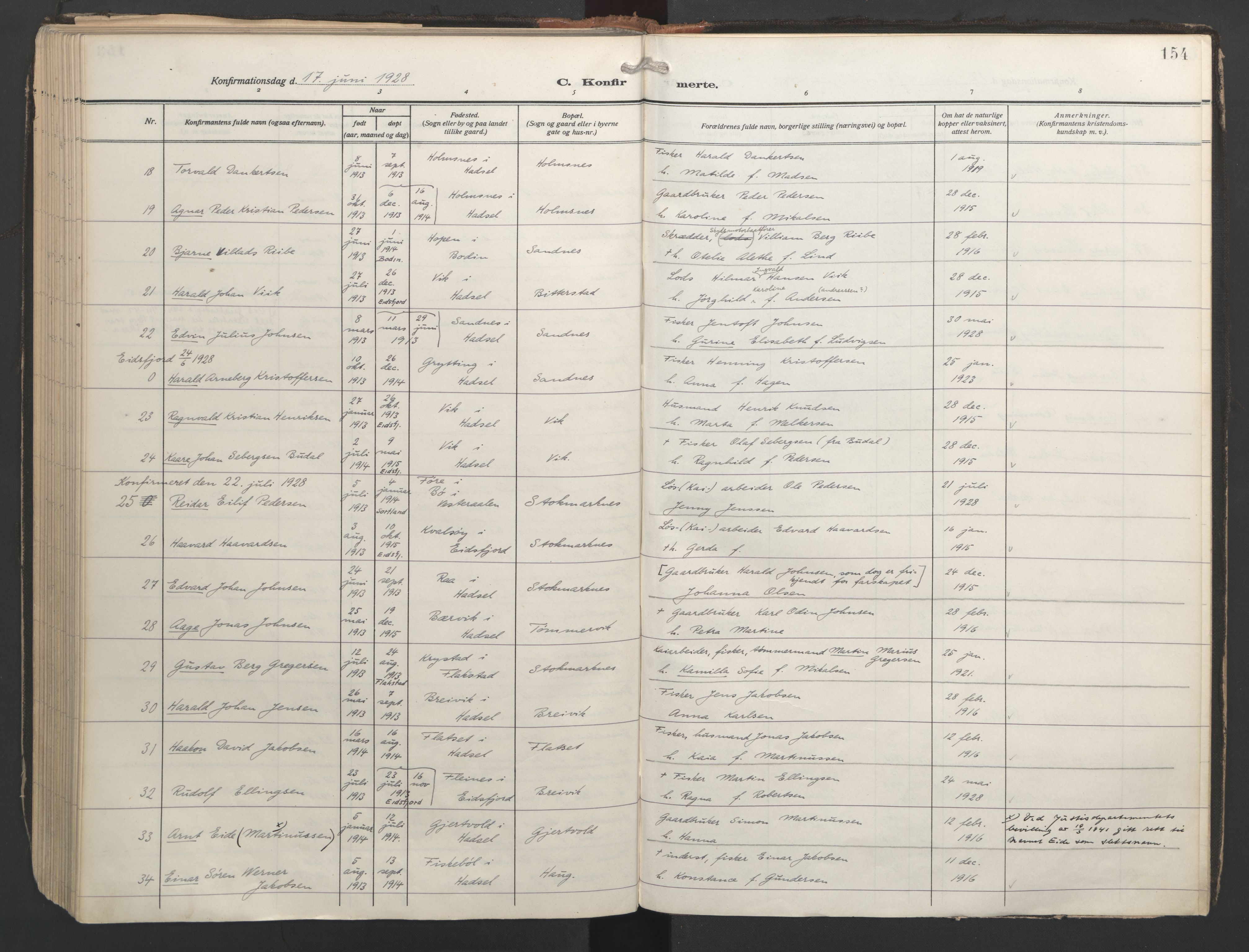 Ministerialprotokoller, klokkerbøker og fødselsregistre - Nordland, SAT/A-1459/888/L1249: Parish register (official) no. 888A15, 1911-1929, p. 154