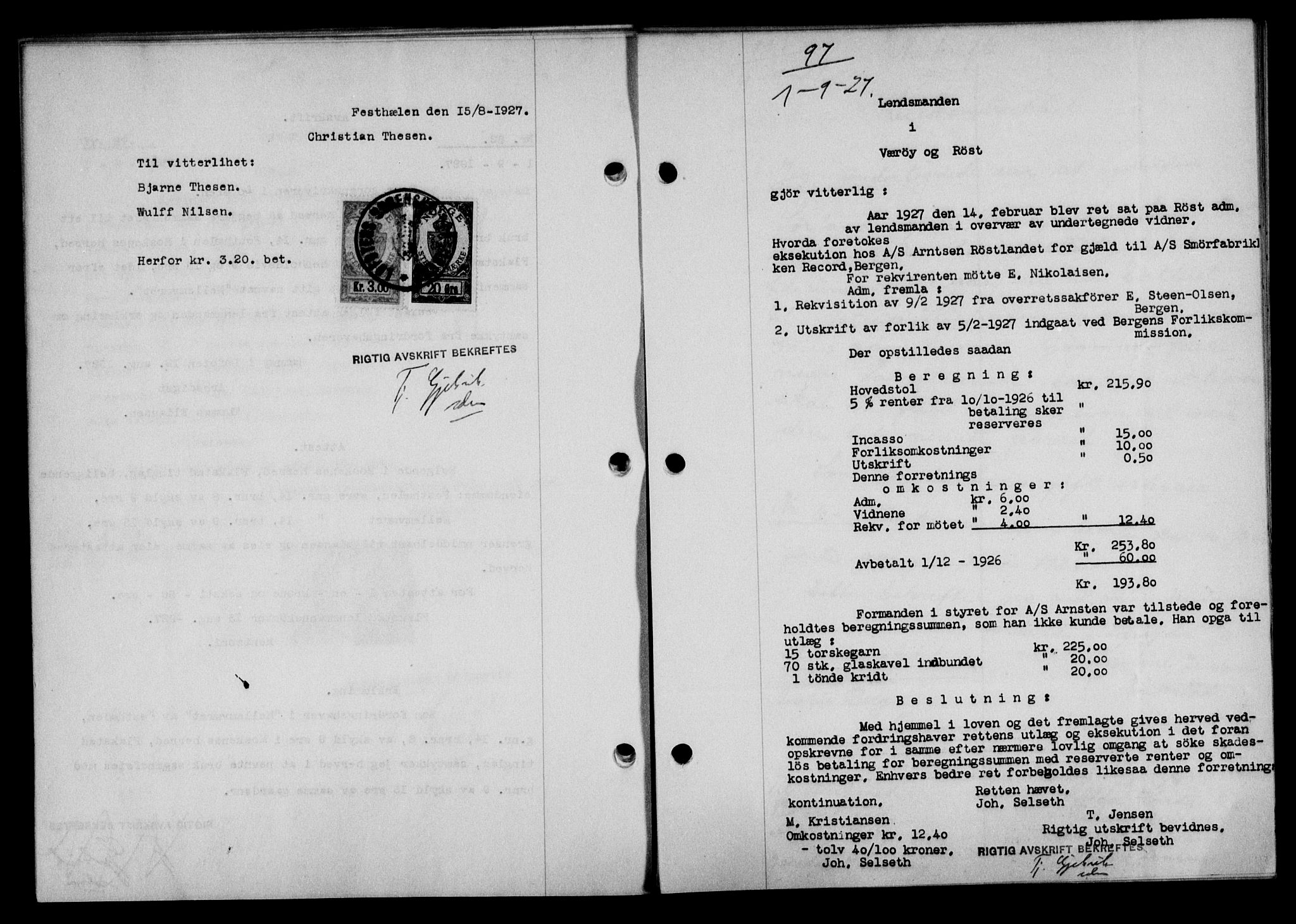 Lofoten sorenskriveri, AV/SAT-A-0017/1/2/2C/L0016b: Mortgage book no. 16b, 1927-1927, Deed date: 01.09.1927