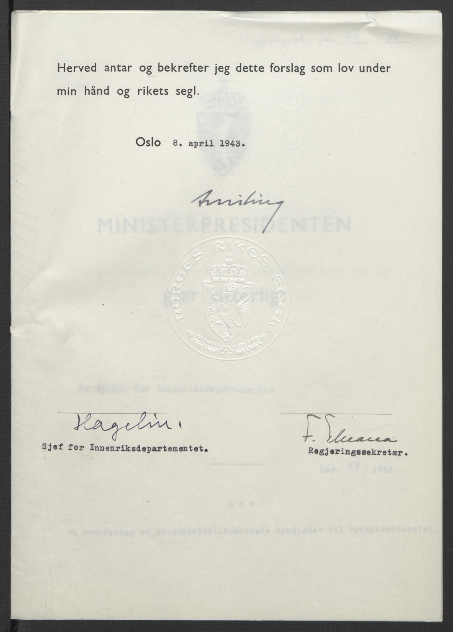 NS-administrasjonen 1940-1945 (Statsrådsekretariatet, de kommisariske statsråder mm), RA/S-4279/D/Db/L0099: Lover, 1943, p. 268