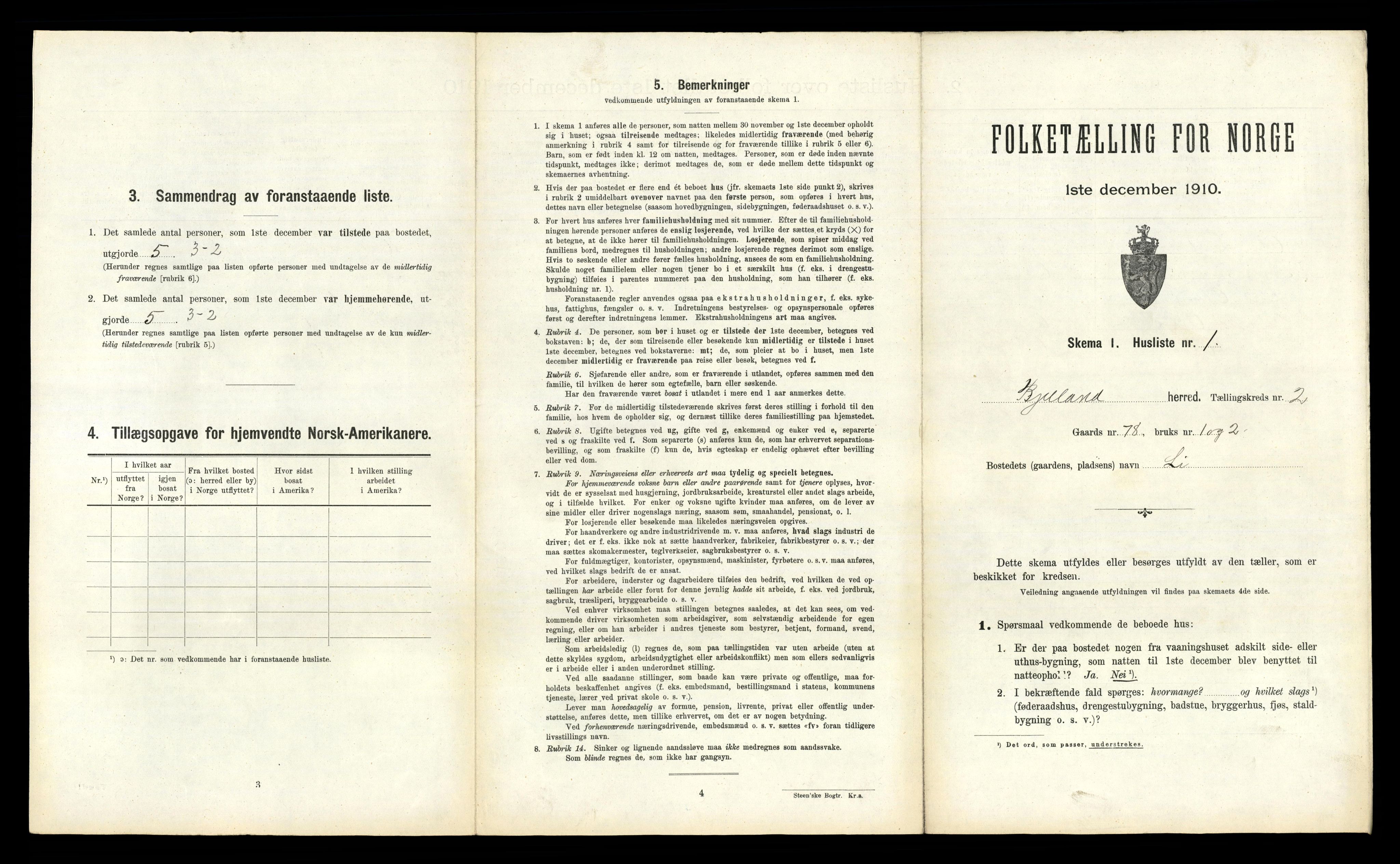 RA, 1910 census for Bjelland, 1910, p. 98