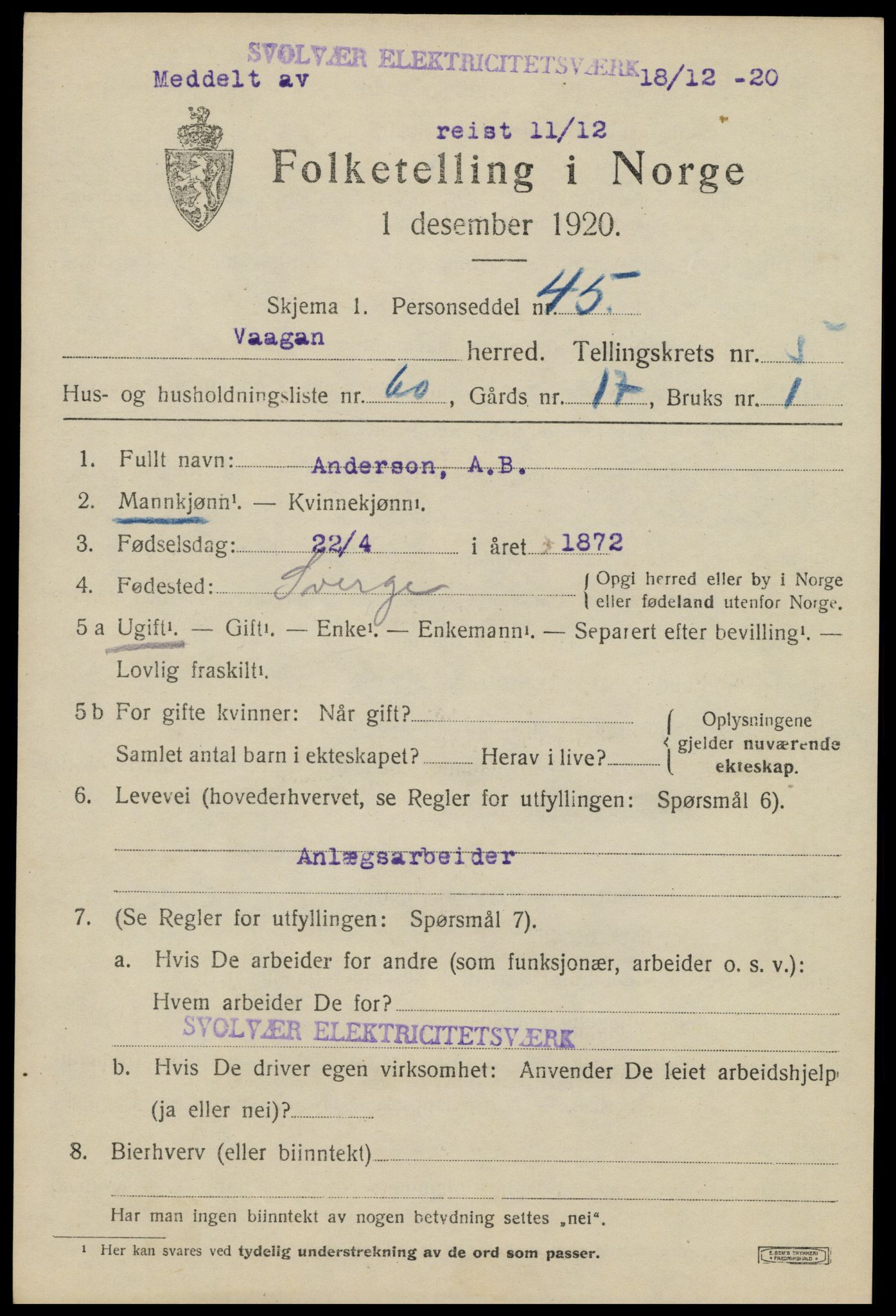 SAT, 1920 census for Vågan, 1920, p. 6129