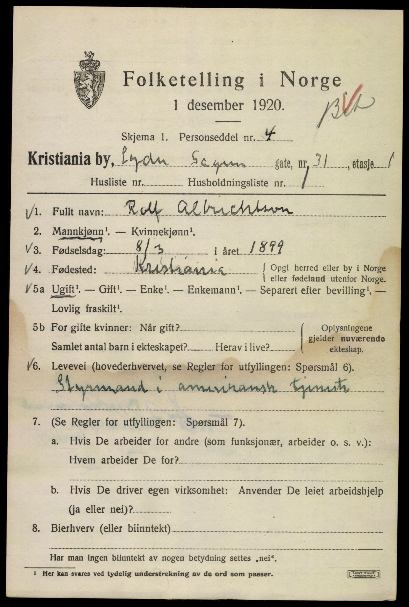 SAO, 1920 census for Kristiania, 1920, p. 366915