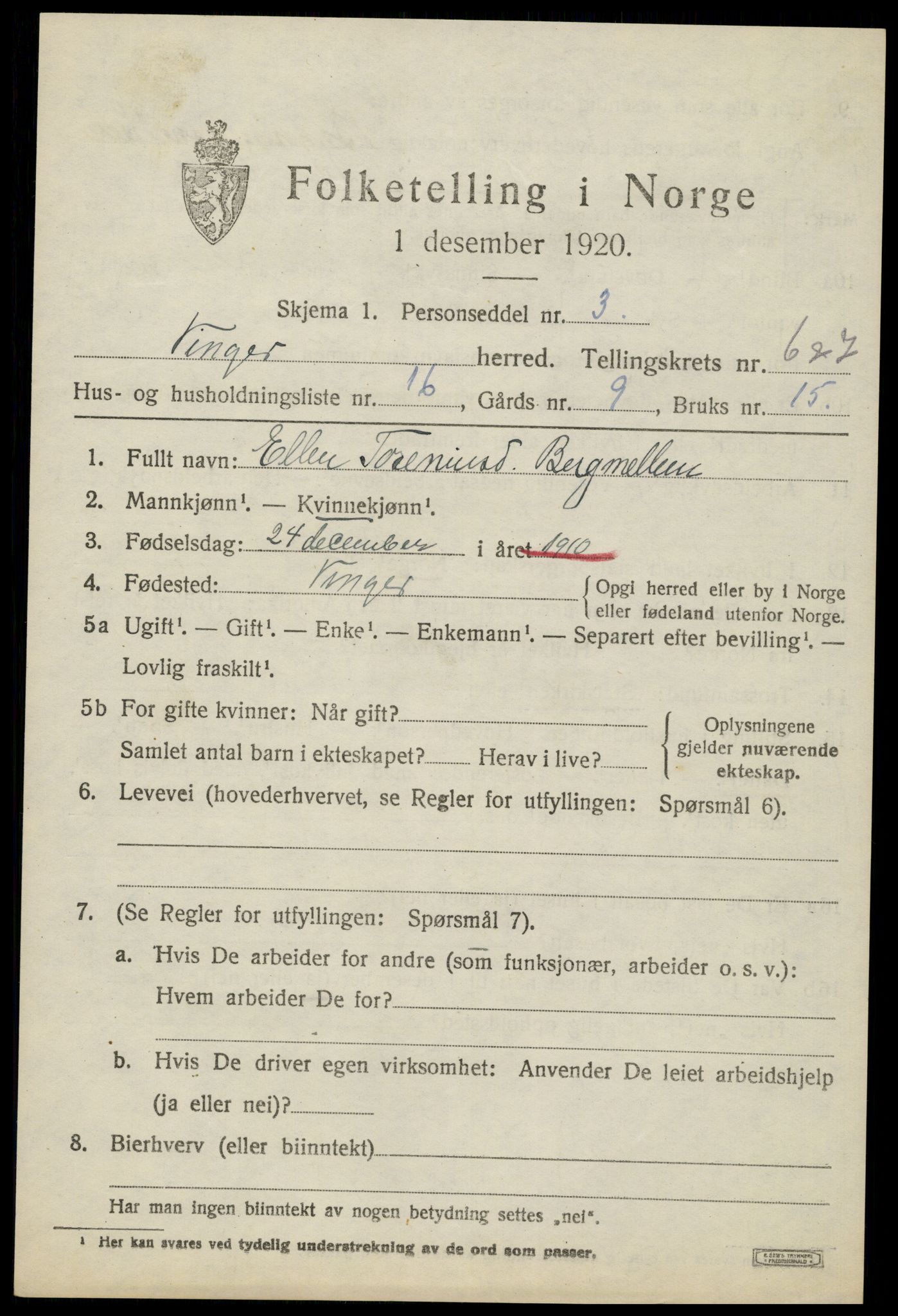 SAH, 1920 census for Vinger, 1920, p. 6182