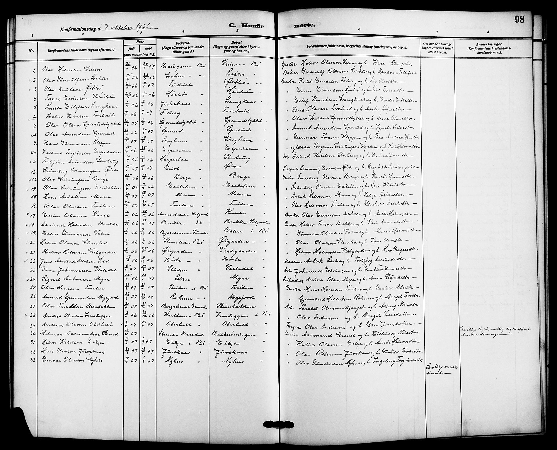 Bø kirkebøker, SAKO/A-257/G/Ga/L0007: Parish register (copy) no. 7, 1909-1924, p. 98