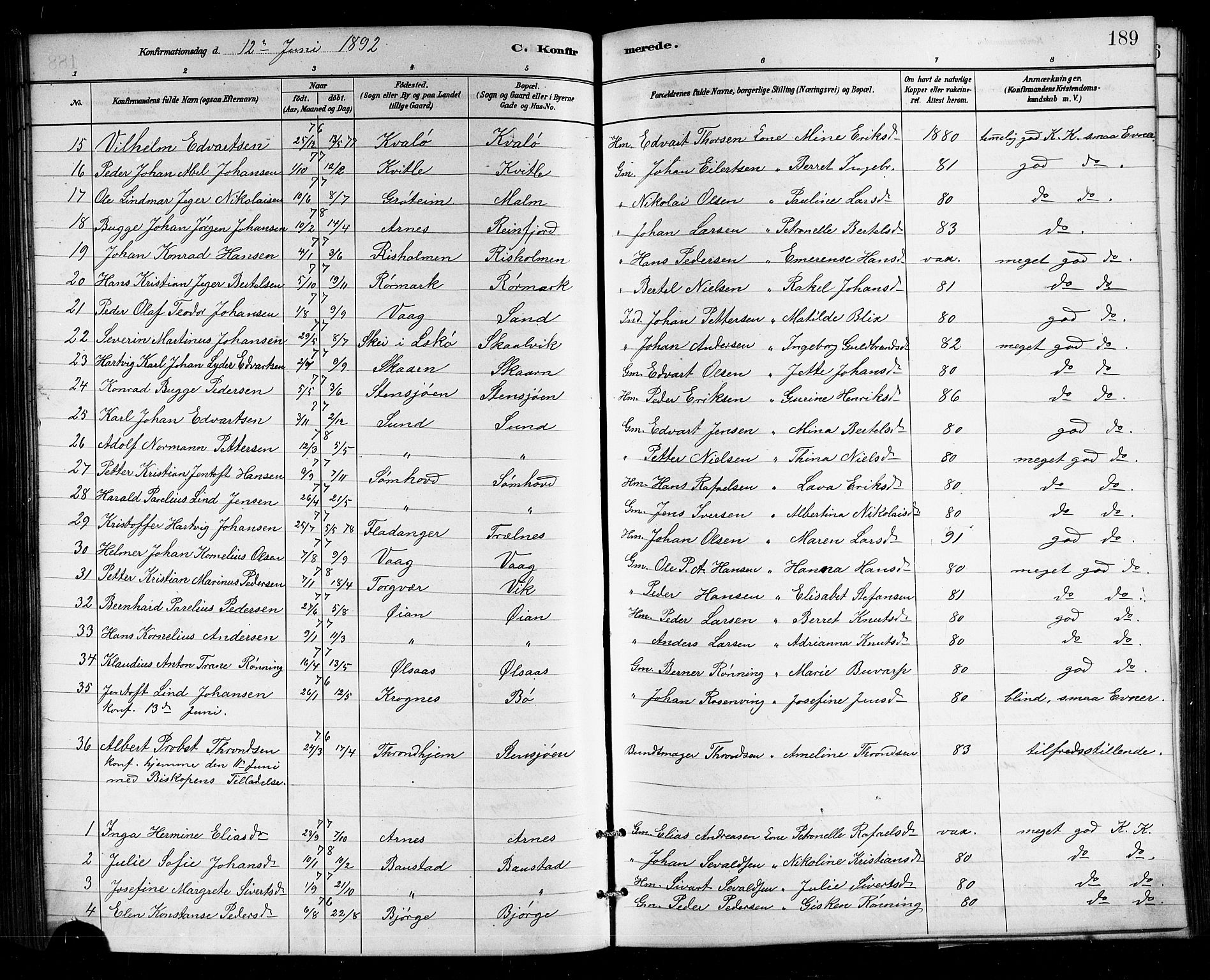 Ministerialprotokoller, klokkerbøker og fødselsregistre - Nordland, AV/SAT-A-1459/812/L0188: Parish register (copy) no. 812C06, 1884-1912, p. 189