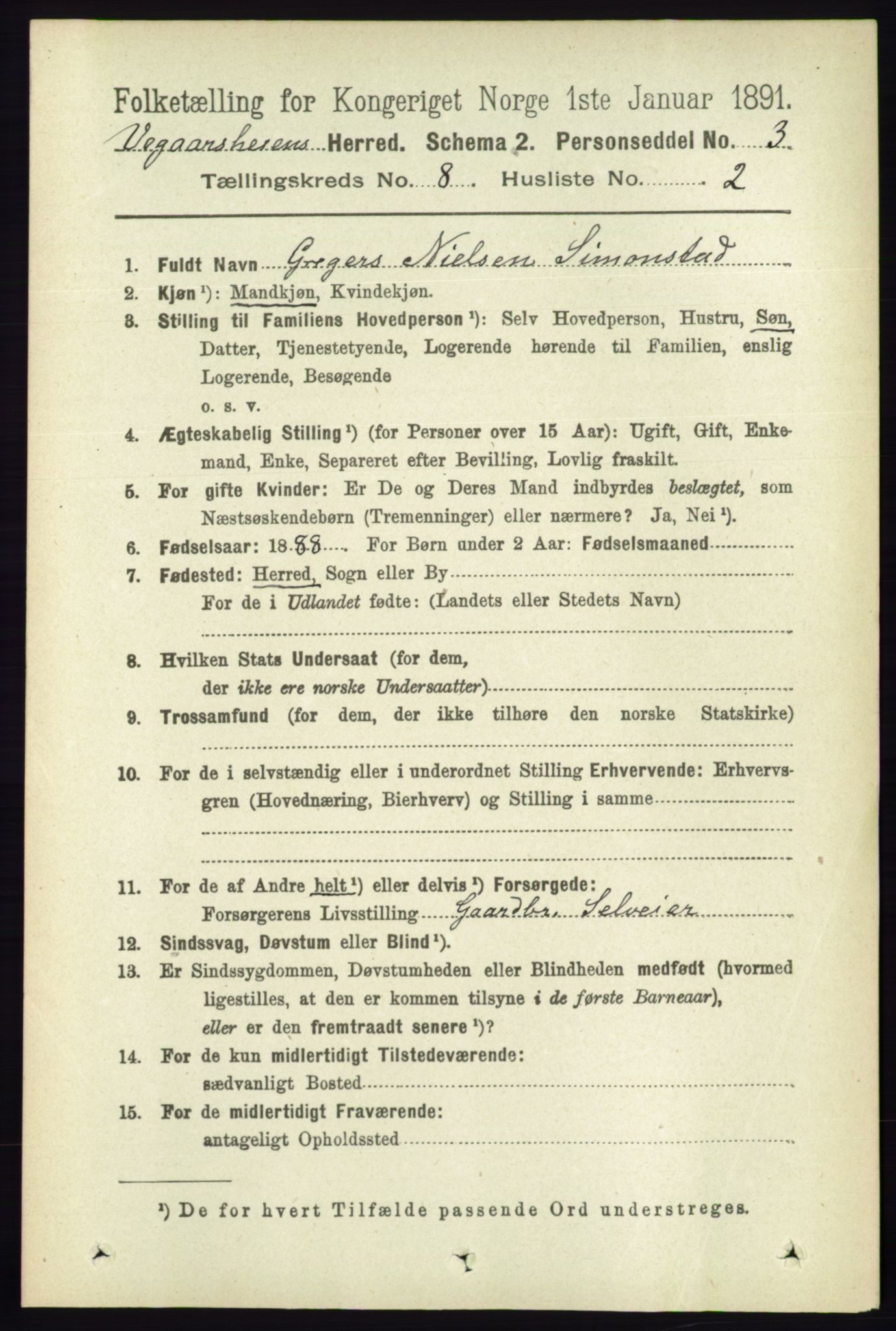 RA, 1891 census for 0912 Vegårshei, 1891, p. 1494