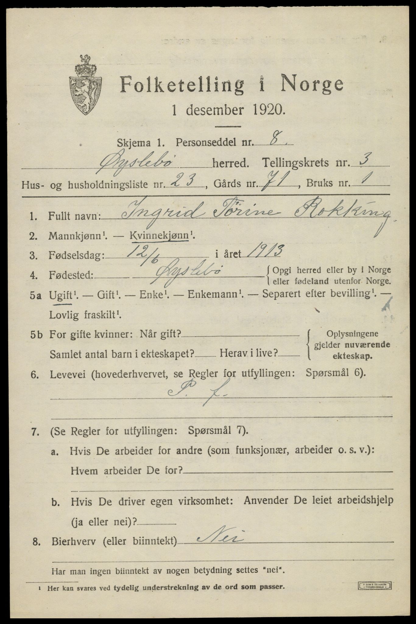 SAK, 1920 census for Øyslebø, 1920, p. 1124