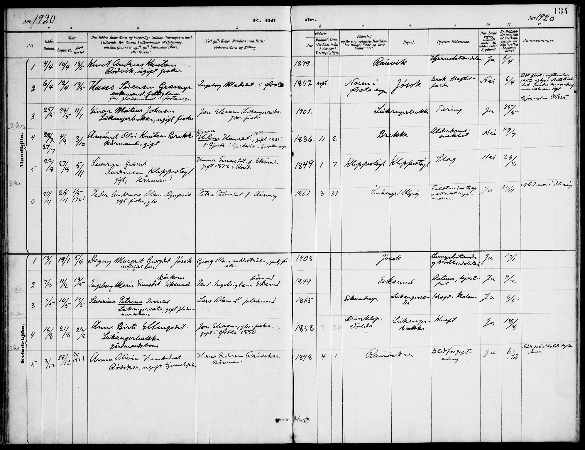 Ministerialprotokoller, klokkerbøker og fødselsregistre - Møre og Romsdal, AV/SAT-A-1454/508/L0095: Parish register (official) no. 508A02, 1887-1920, p. 134