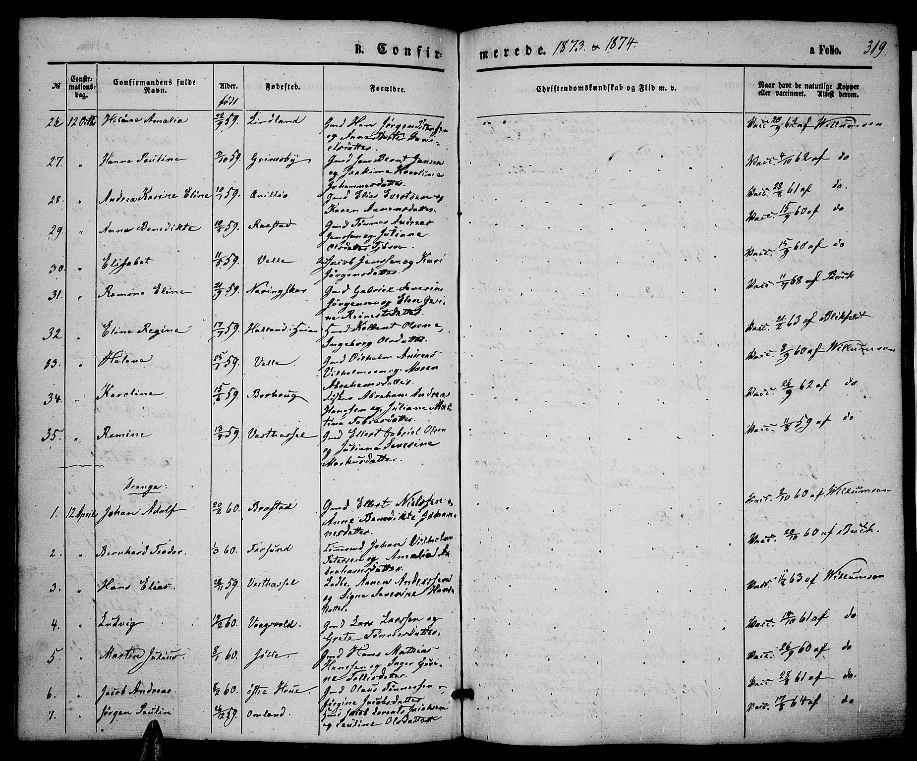 Lista sokneprestkontor, AV/SAK-1111-0027/F/Fb/L0003: Parish register (copy) no. B 3, 1862-1877, p. 319