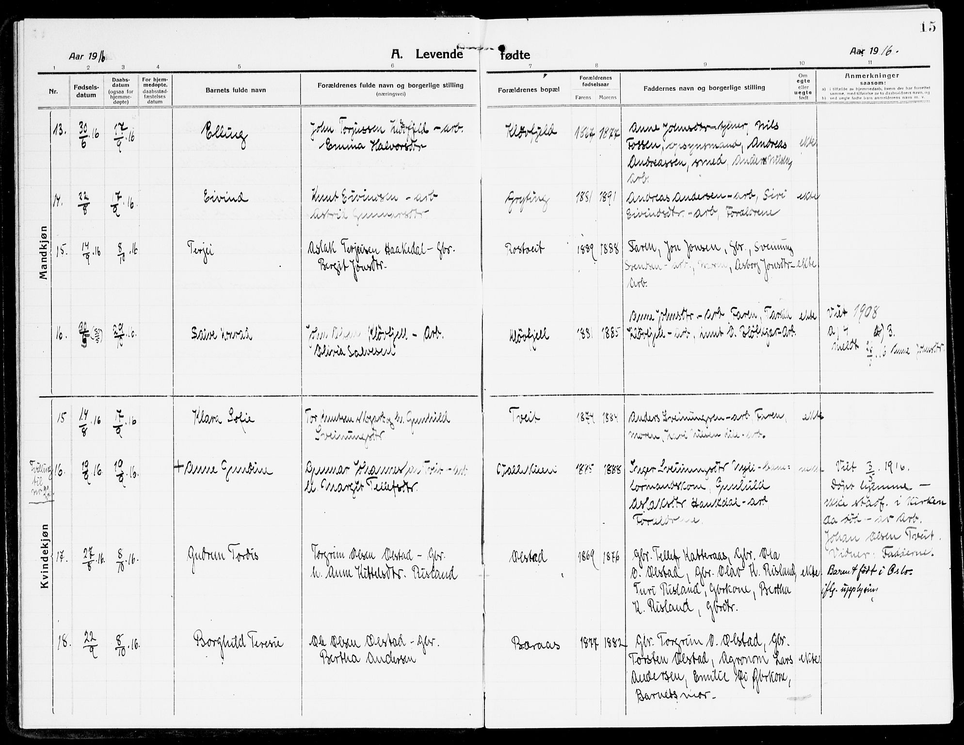 Åmli sokneprestkontor, AV/SAK-1111-0050/F/Fa/Fac/L0013: Parish register (official) no. A 13, 1914-1933, p. 15