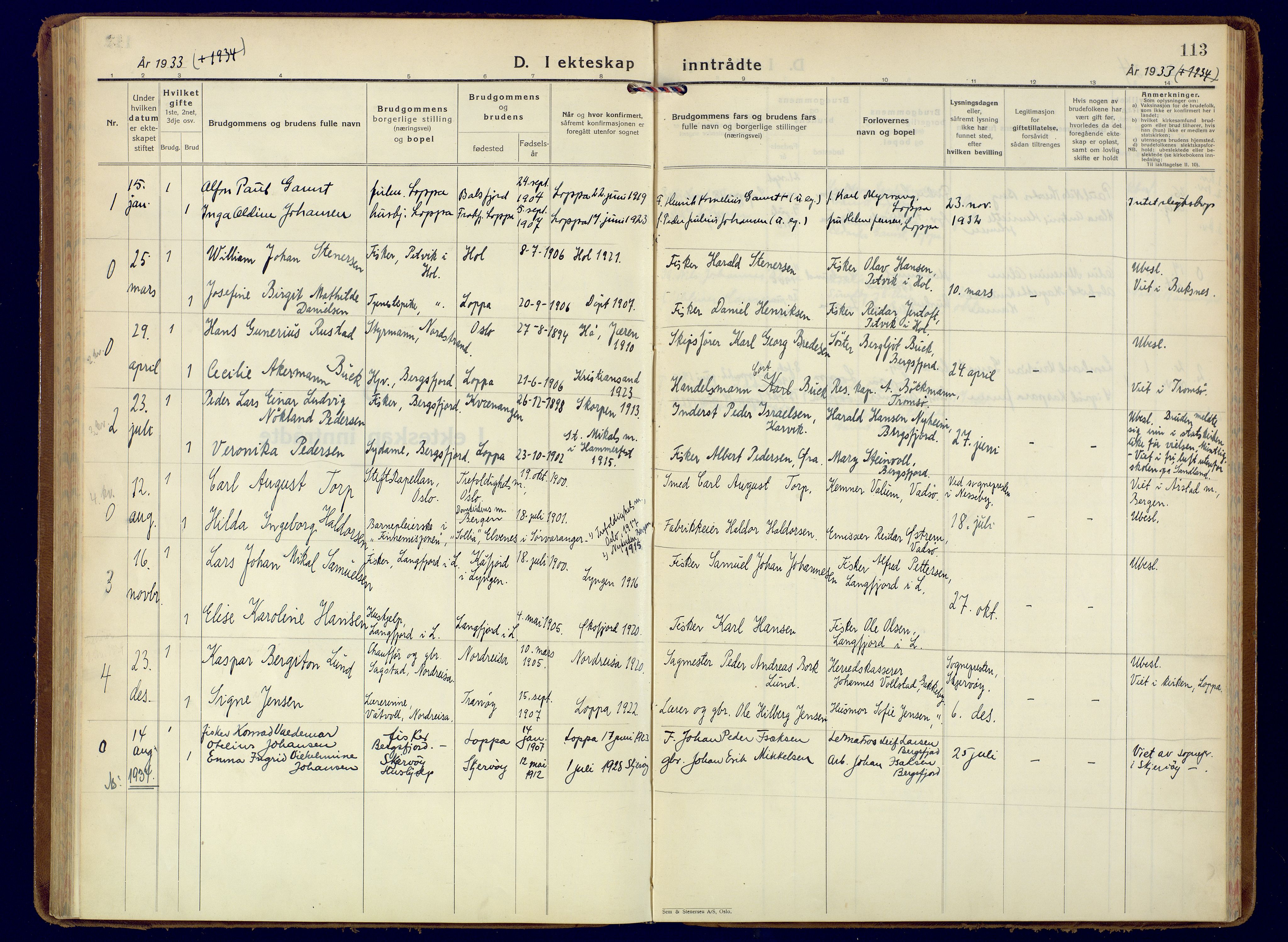Loppa sokneprestkontor, AV/SATØ-S-1339/H/Ha/L0014kirke: Parish register (official) no. 14, 1933-1942, p. 113