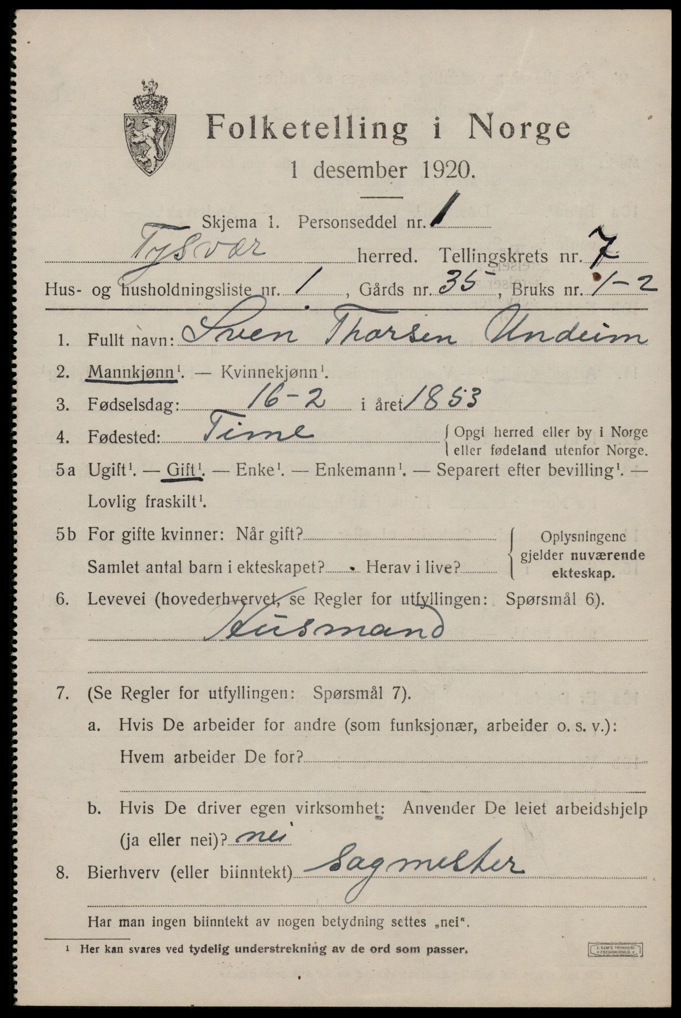 SAST, 1920 census for Tysvær, 1920, p. 2434