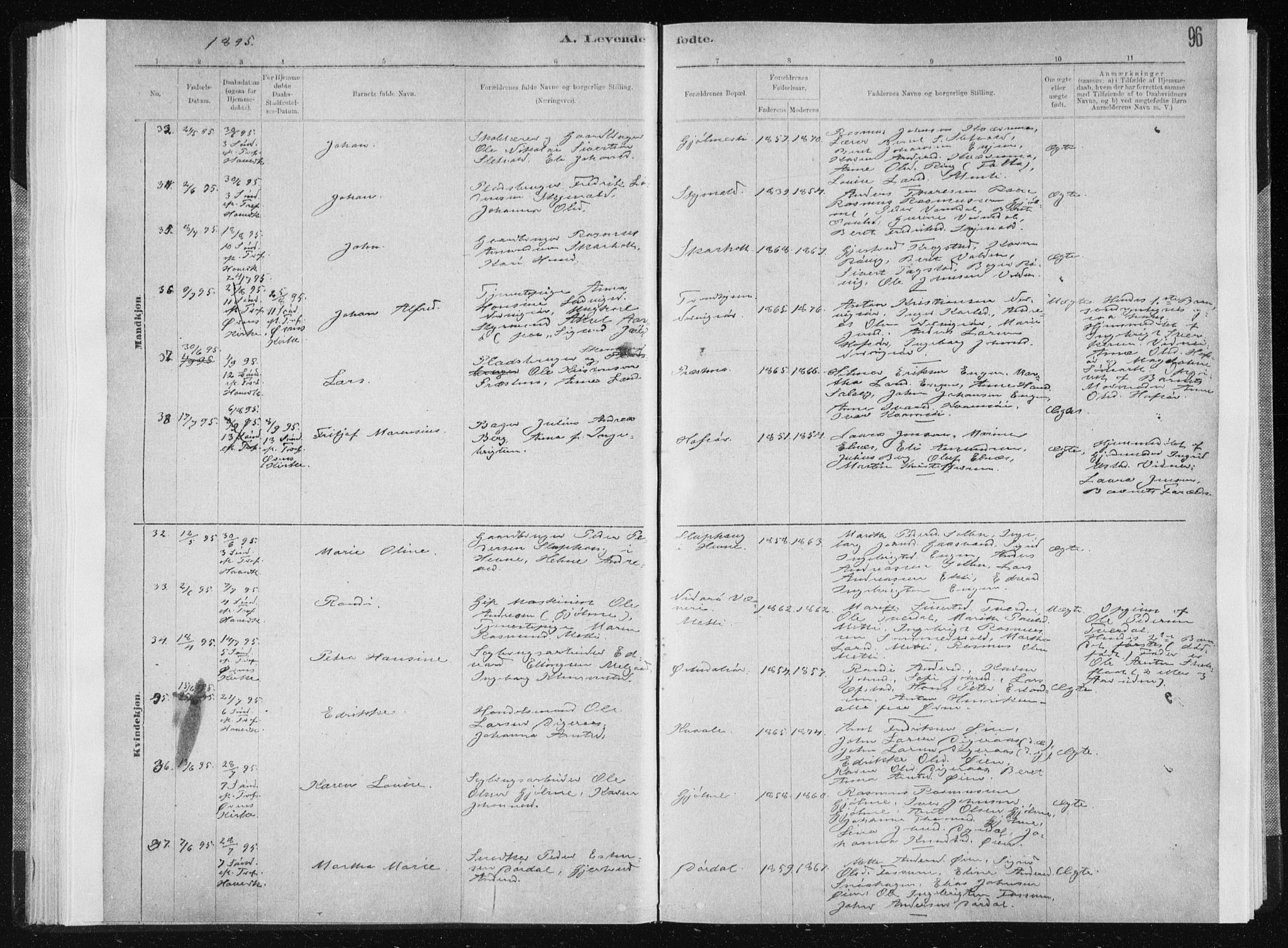 Ministerialprotokoller, klokkerbøker og fødselsregistre - Sør-Trøndelag, AV/SAT-A-1456/668/L0818: Parish register (copy) no. 668C07, 1885-1898, p. 96