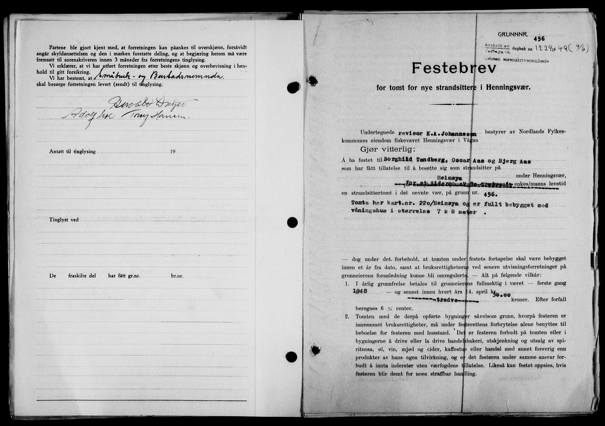 Lofoten sorenskriveri, SAT/A-0017/1/2/2C/L0021a: Mortgage book no. 21a, 1949-1949, Diary no: : 1229/1949