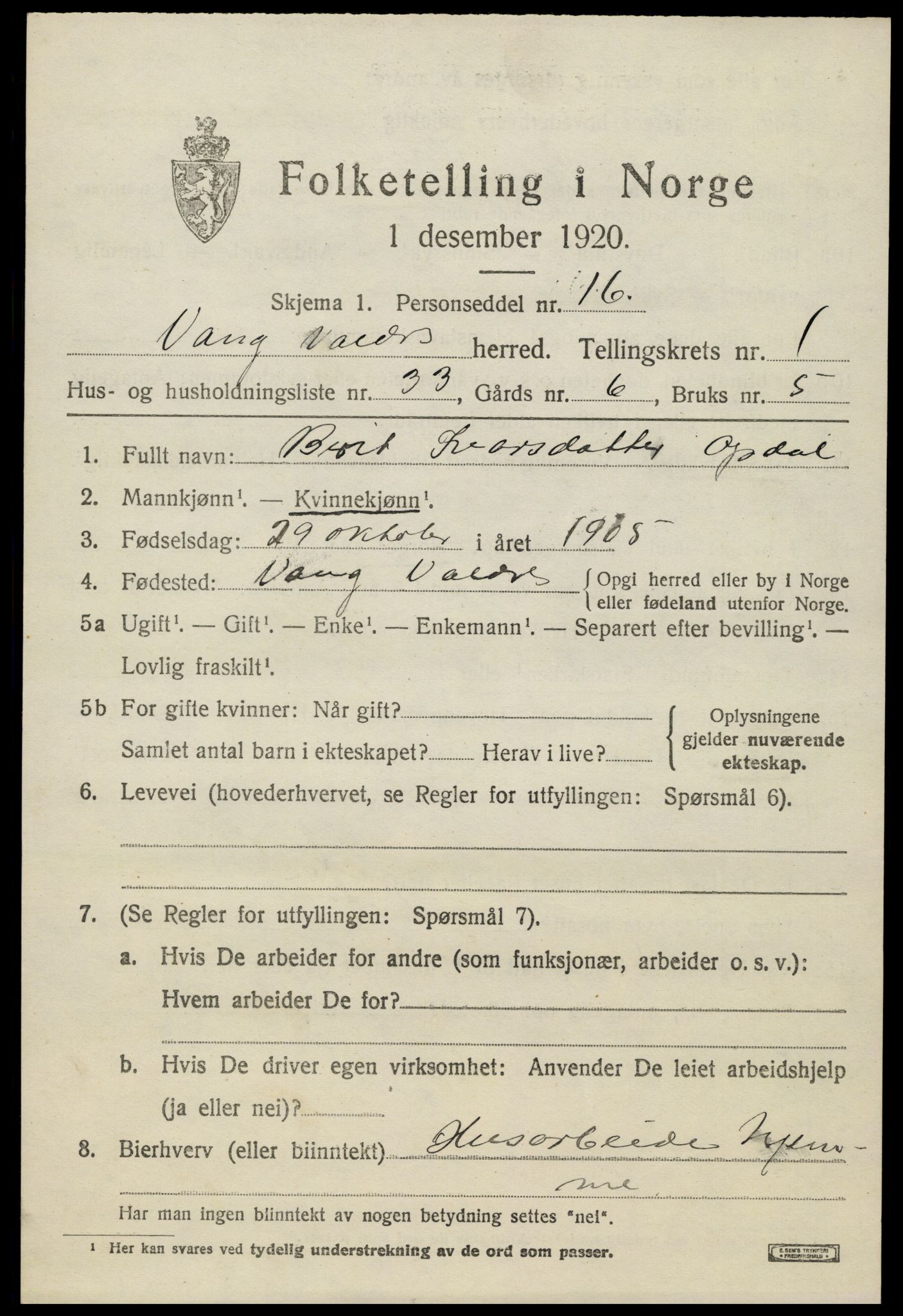 SAH, 1920 census for Vang (Oppland), 1920, p. 1073