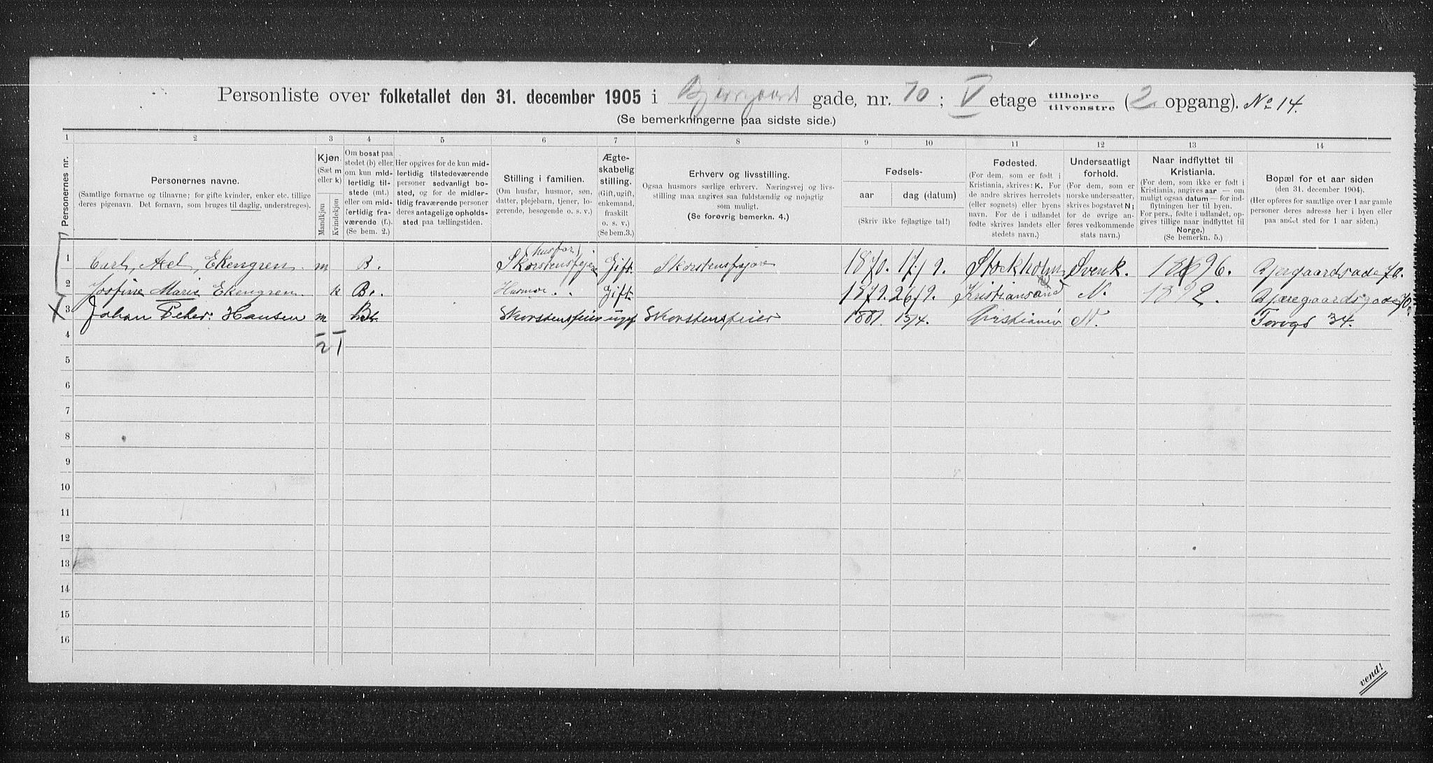 OBA, Municipal Census 1905 for Kristiania, 1905, p. 3230