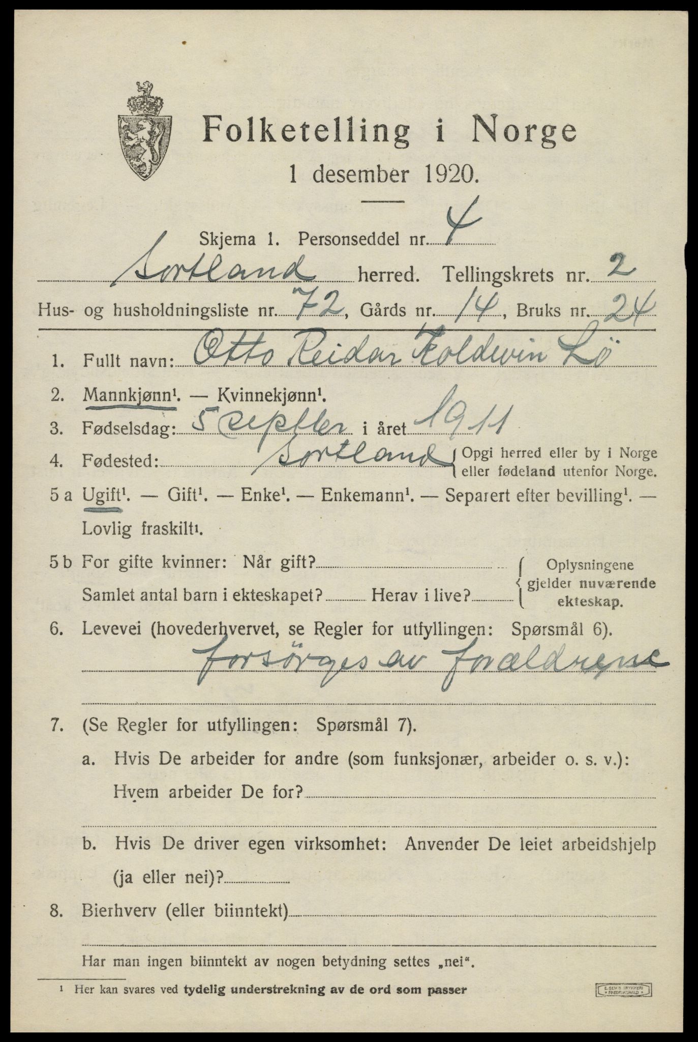 SAT, 1920 census for Sortland, 1920, p. 3612