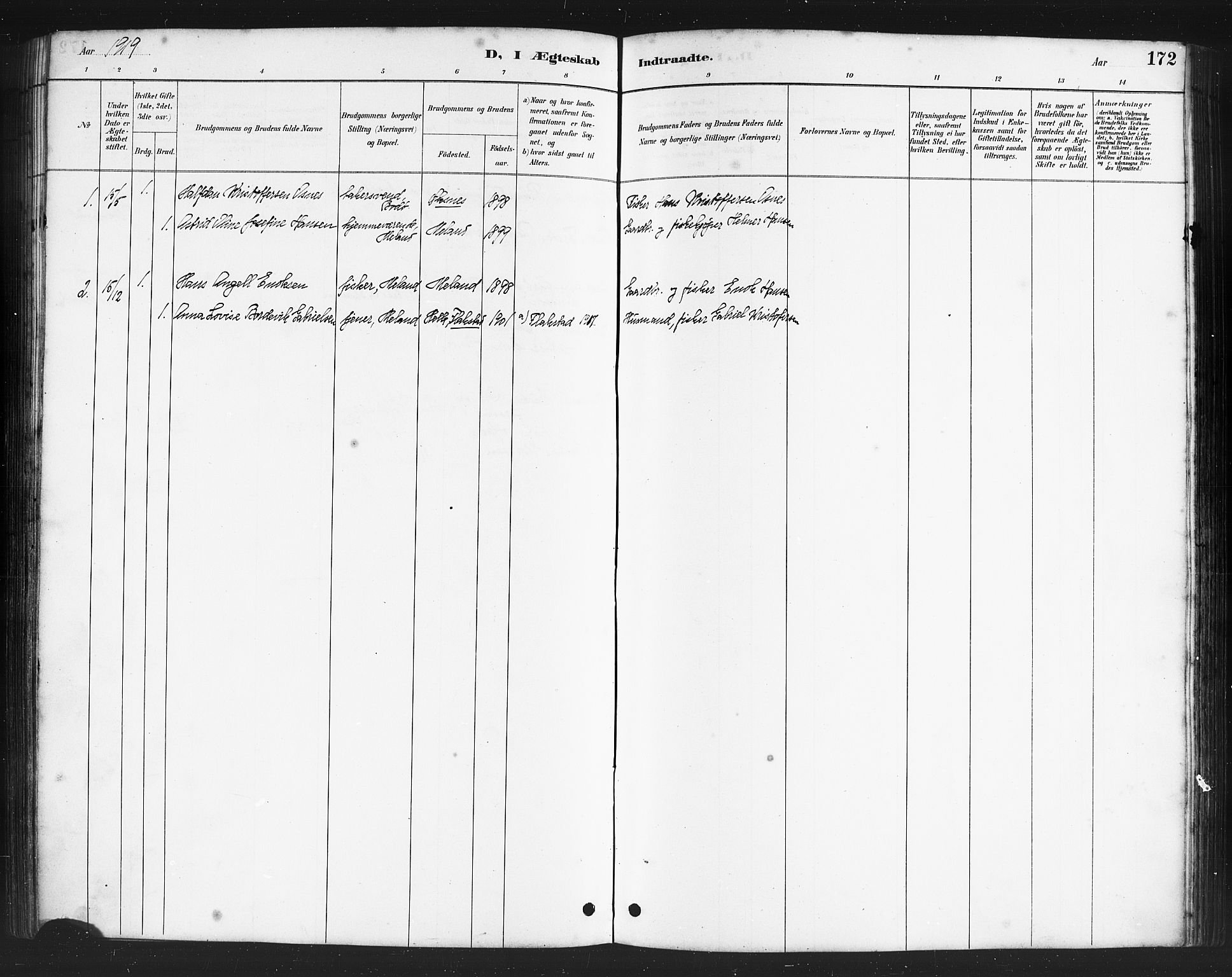 Ministerialprotokoller, klokkerbøker og fødselsregistre - Nordland, AV/SAT-A-1459/808/L0131: Parish register (copy) no. 808C02, 1879-1919, p. 172