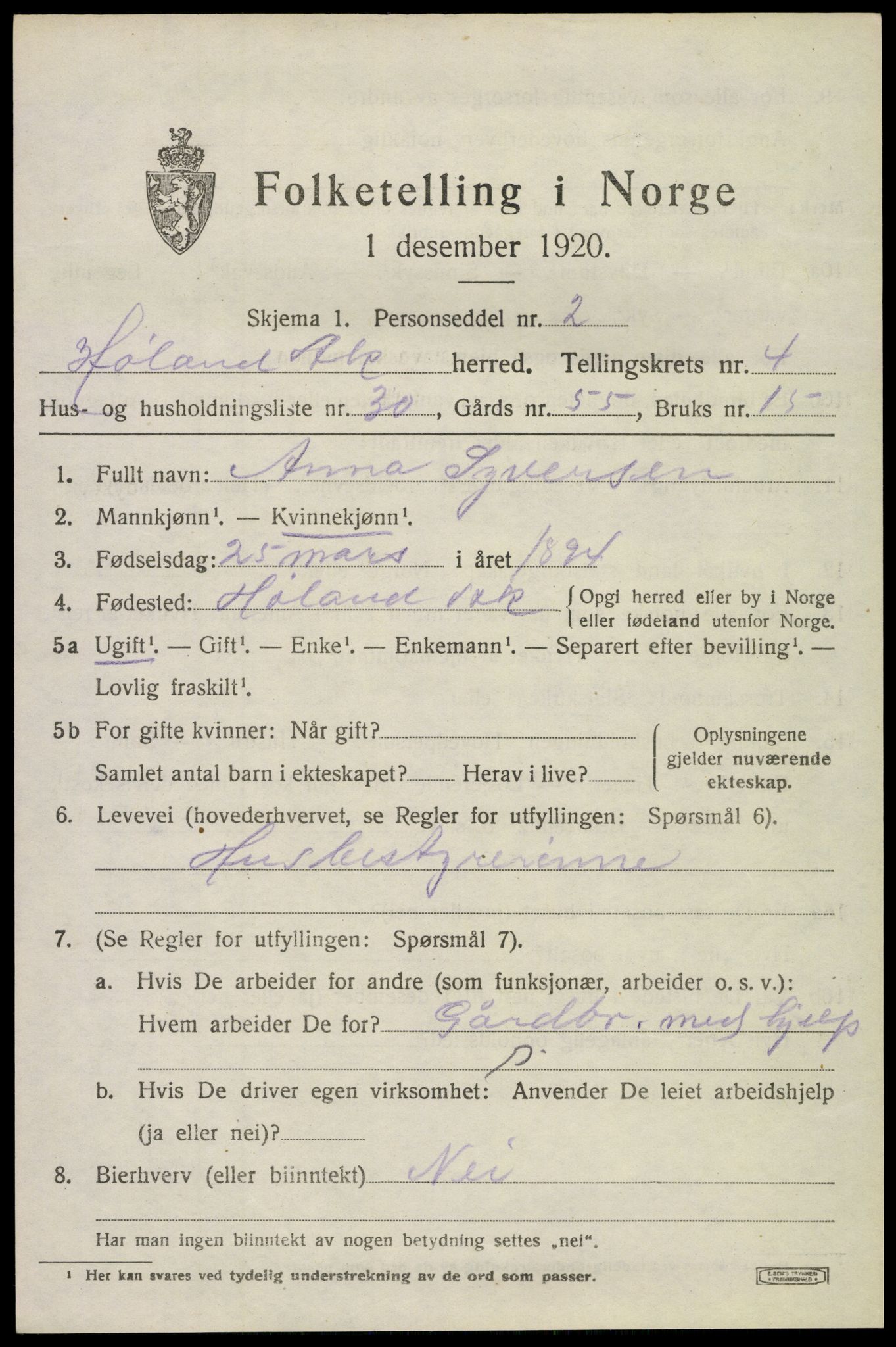 SAO, 1920 census for Høland, 1920, p. 6199