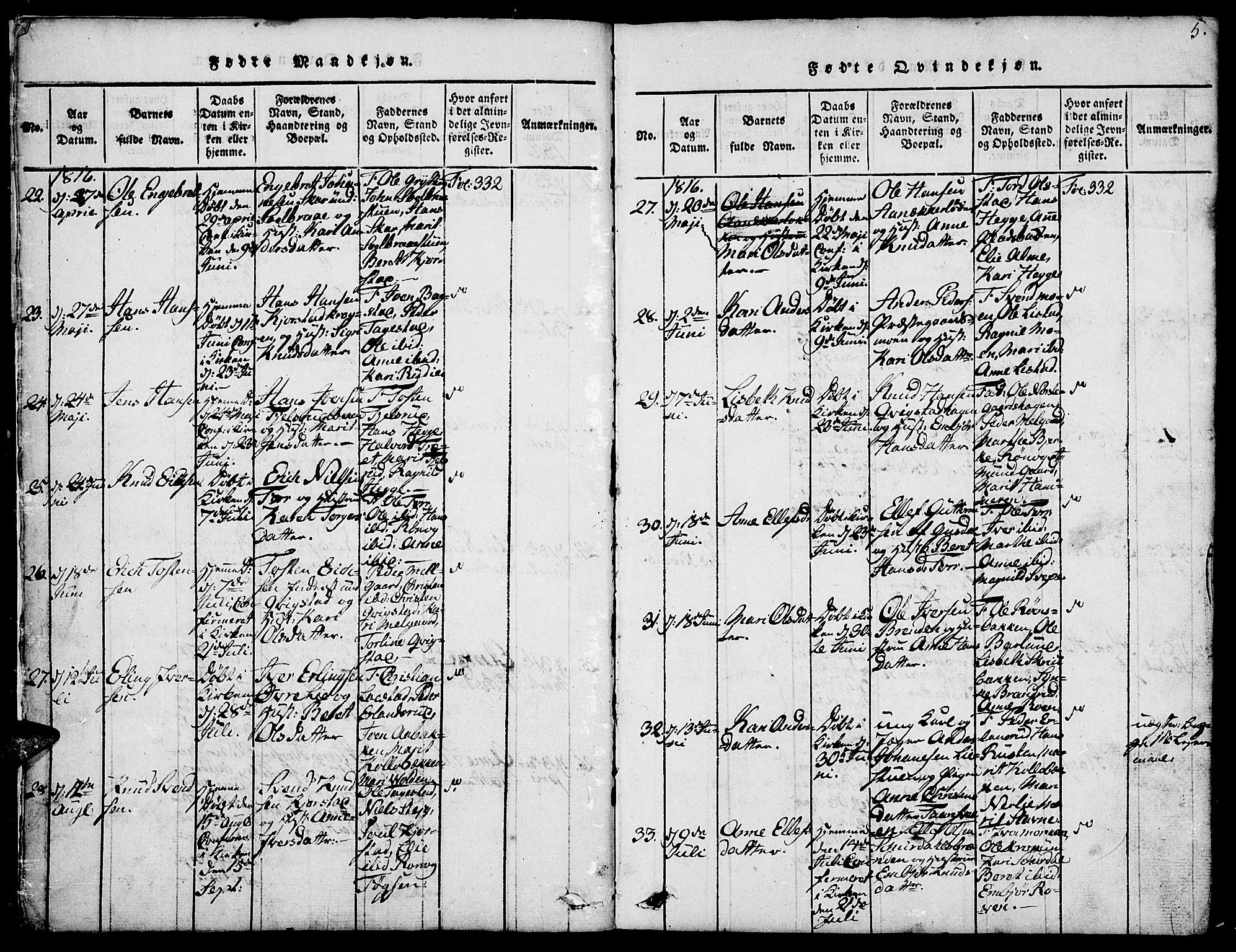 Fron prestekontor, AV/SAH-PREST-078/H/Ha/Hab/L0001: Parish register (copy) no. 1, 1816-1843, p. 5