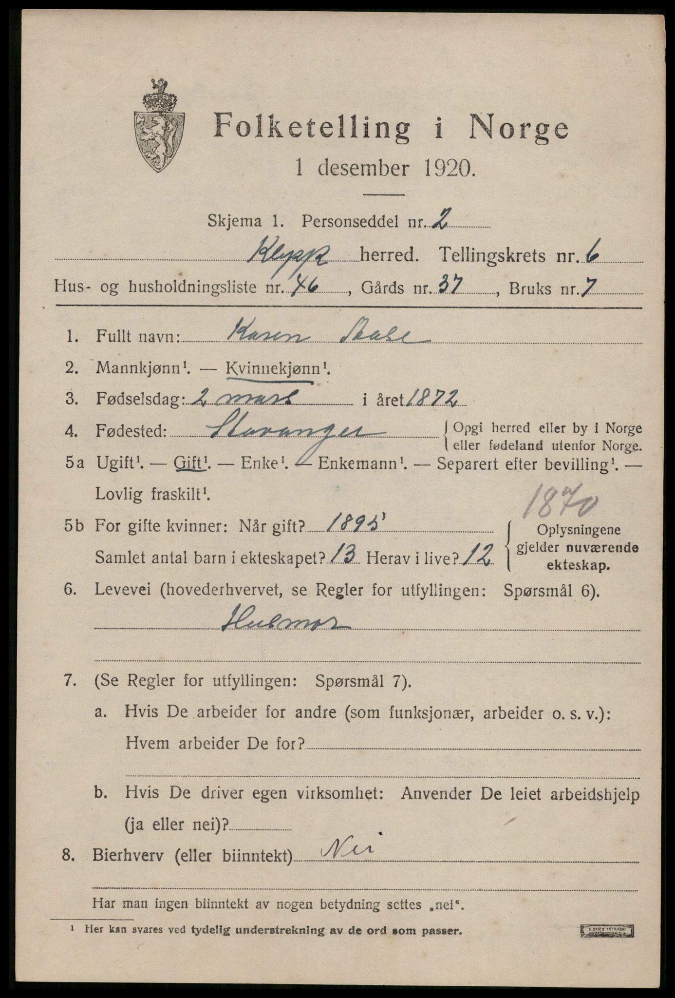 SAST, 1920 census for Klepp, 1920, p. 6530