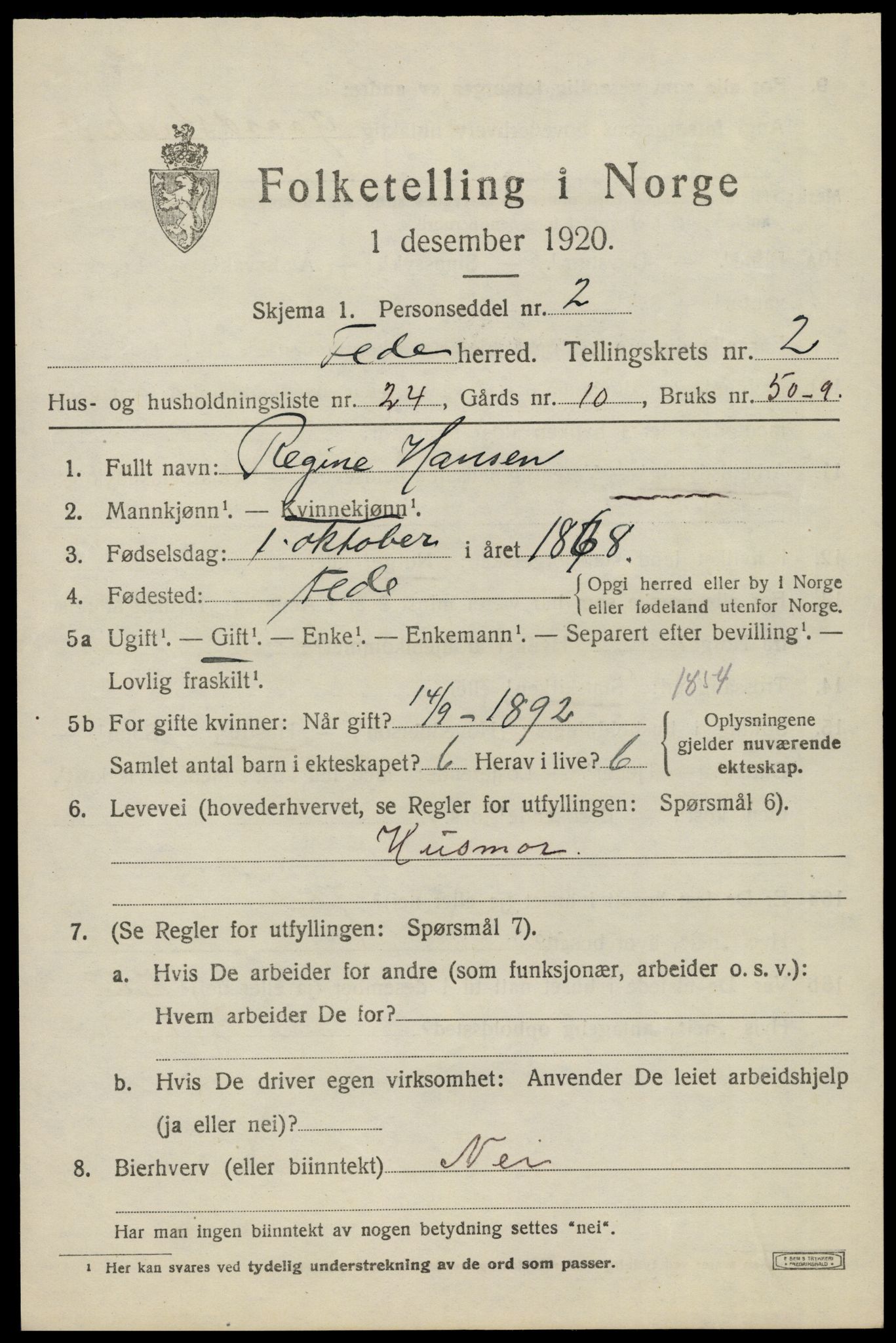 SAK, 1920 census for Feda, 1920, p. 1161