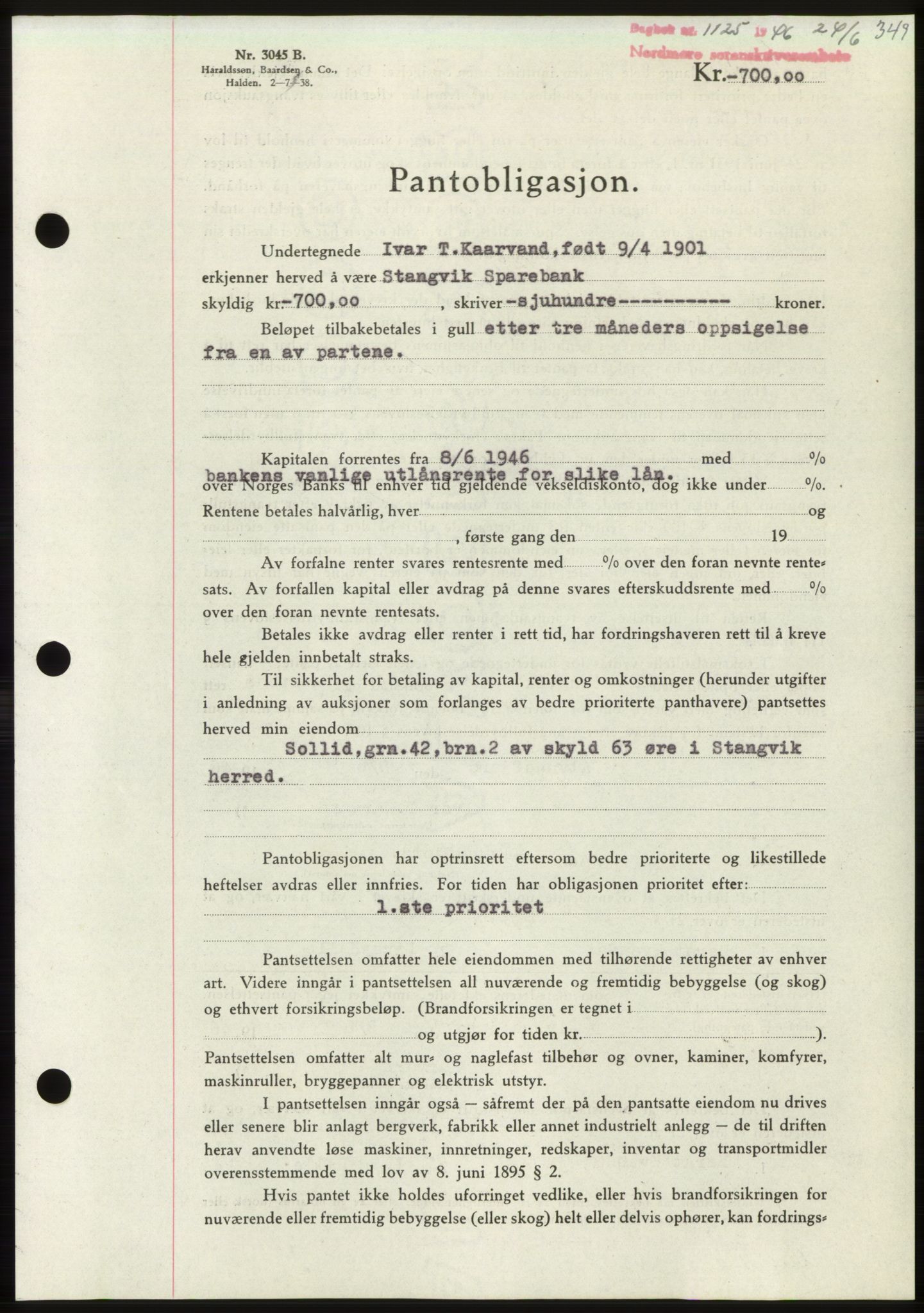 Nordmøre sorenskriveri, AV/SAT-A-4132/1/2/2Ca: Mortgage book no. B94, 1946-1946, Diary no: : 1125/1946