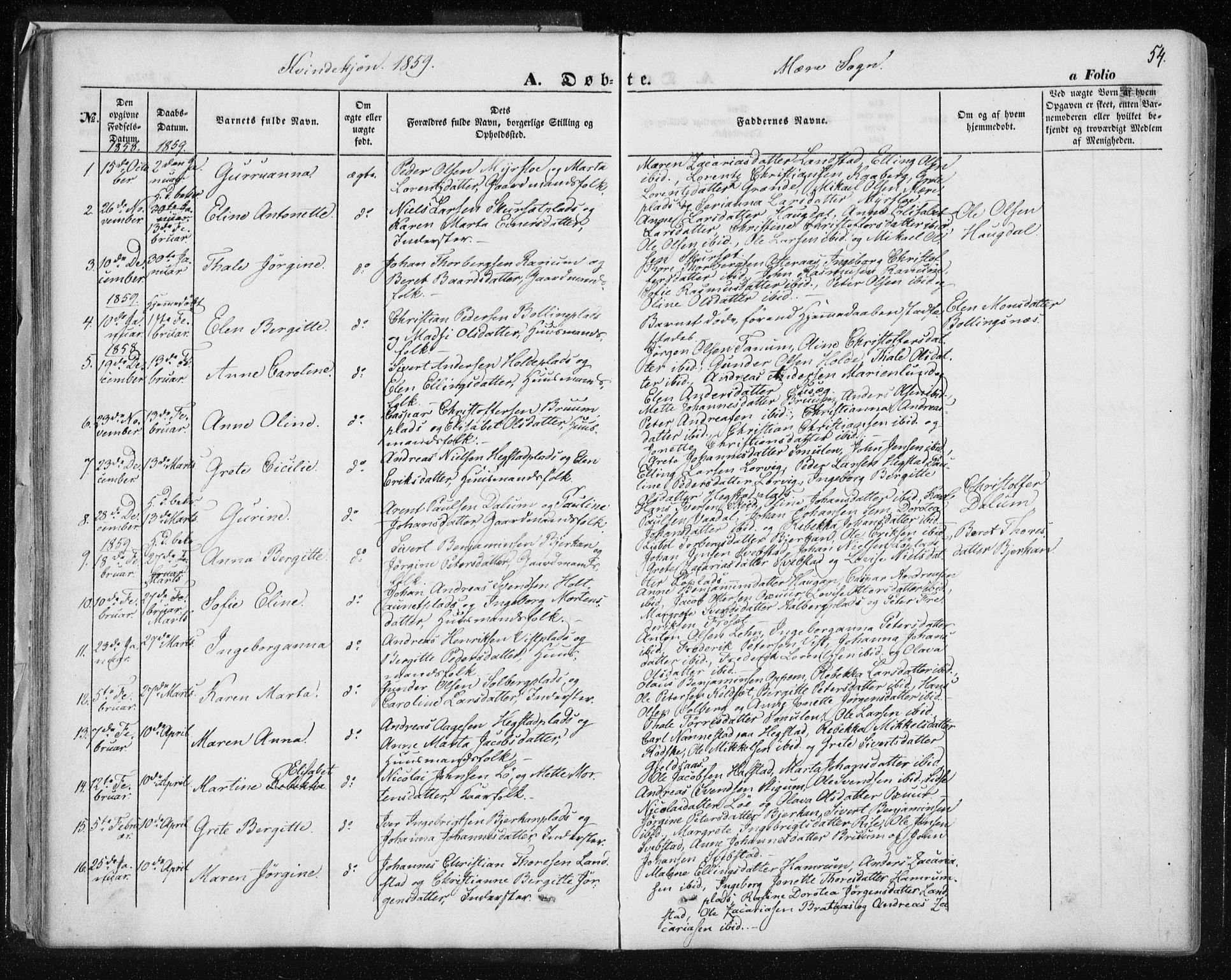 Ministerialprotokoller, klokkerbøker og fødselsregistre - Nord-Trøndelag, AV/SAT-A-1458/735/L0342: Parish register (official) no. 735A07 /1, 1849-1862, p. 54