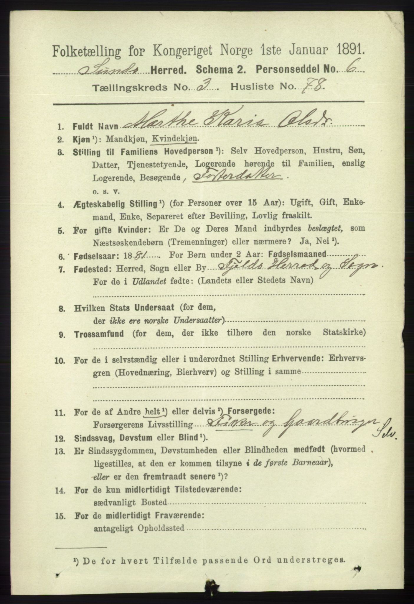 RA, 1891 census for 1245 Sund, 1891, p. 1775