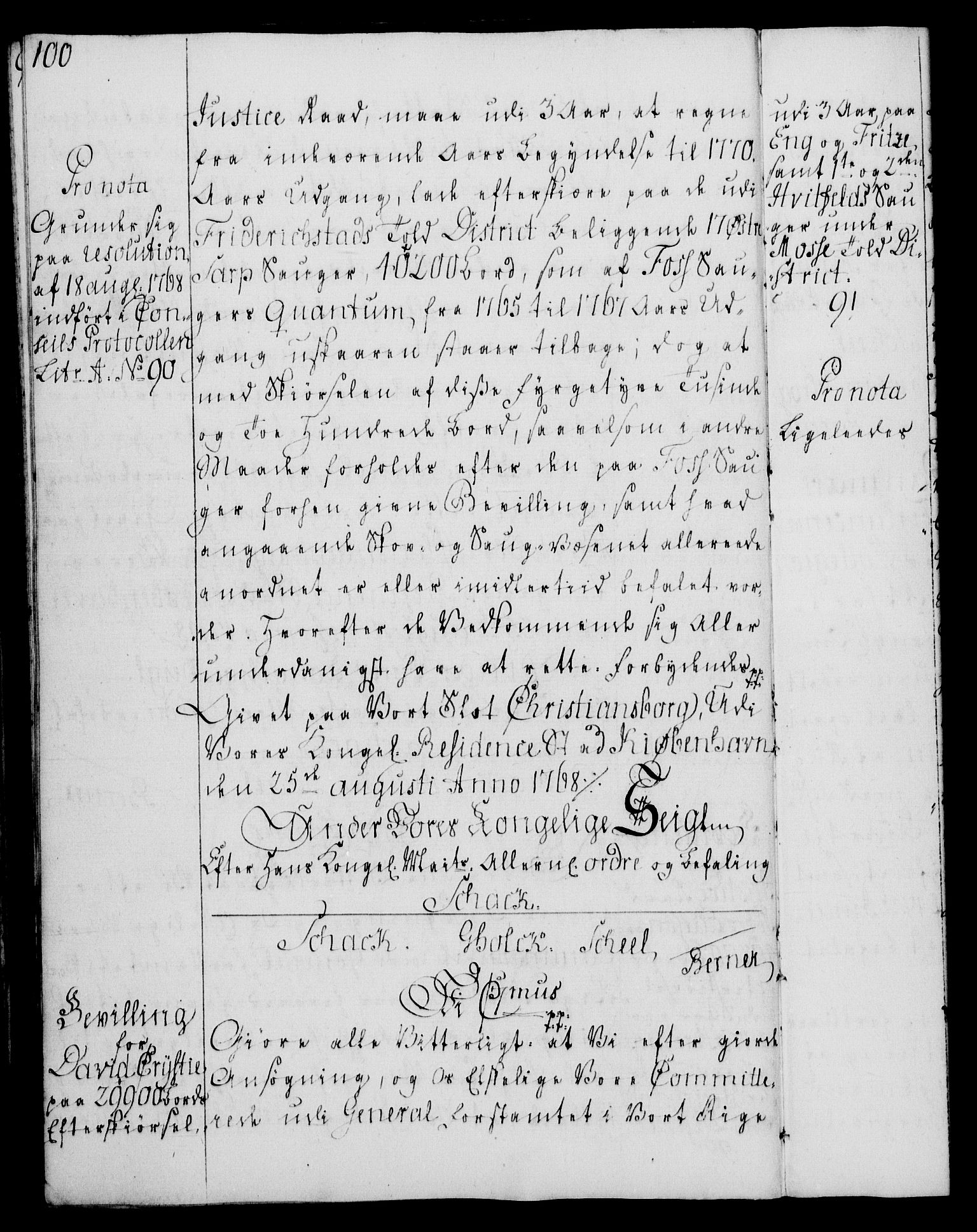 Rentekammeret, Kammerkanselliet, AV/RA-EA-3111/G/Gg/Gga/L0008: Norsk ekspedisjonsprotokoll med register (merket RK 53.8), 1768-1771, p. 100