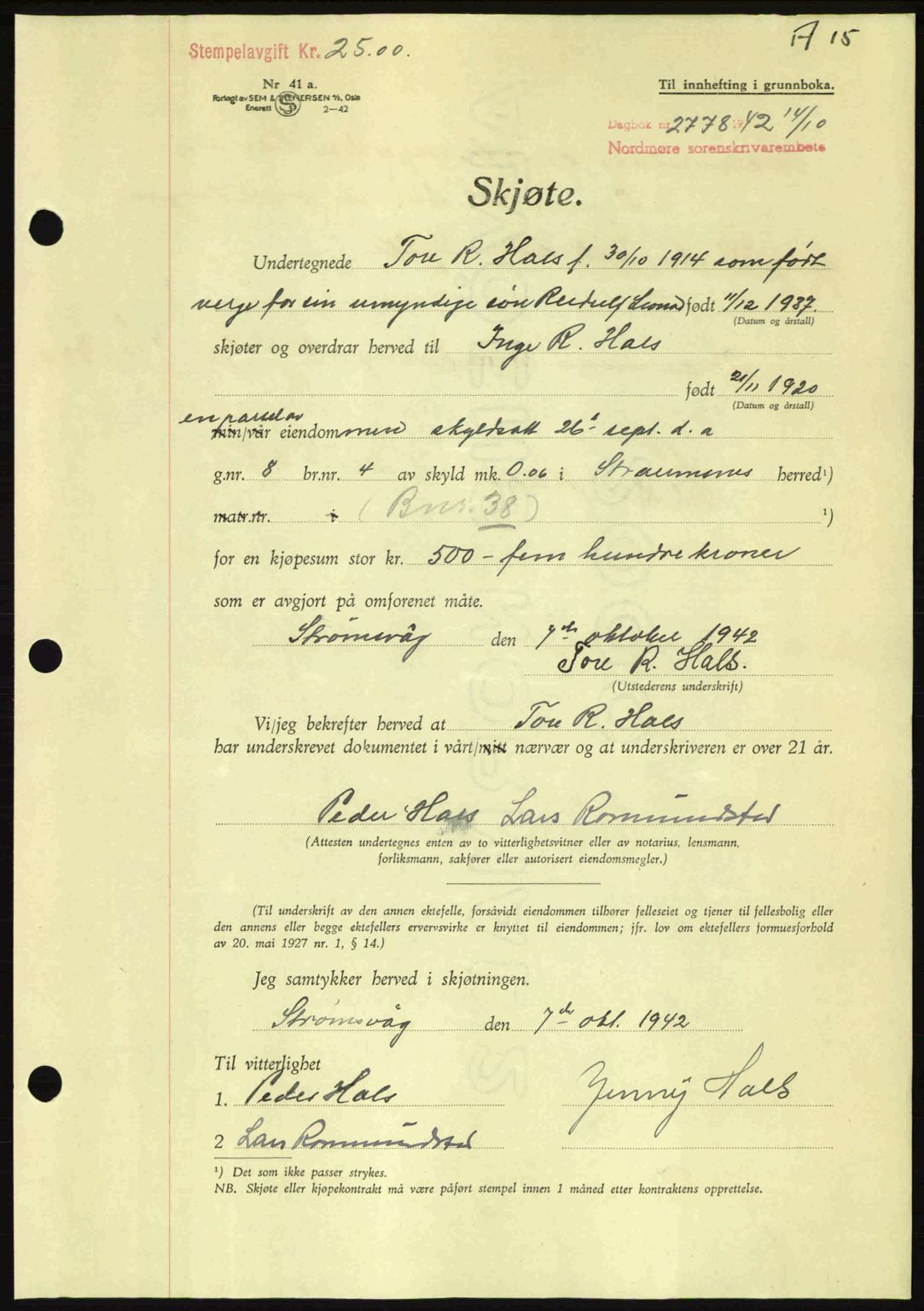 Nordmøre sorenskriveri, AV/SAT-A-4132/1/2/2Ca: Mortgage book no. A94, 1942-1943, Diary no: : 2778/1942