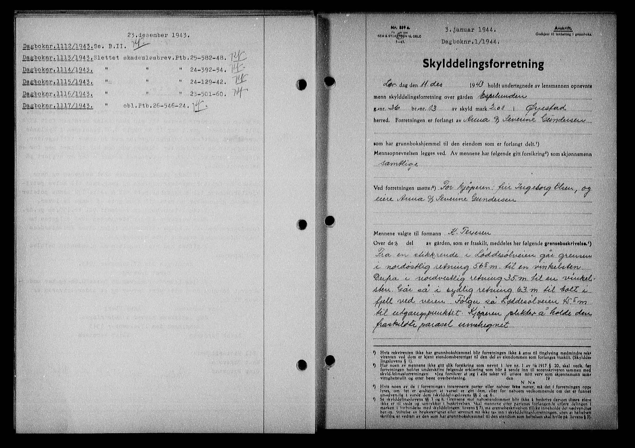 Nedenes sorenskriveri, SAK/1221-0006/G/Gb/Gba/L0051: Mortgage book no. A-V, 1943-1944, Diary no: : 1/1944