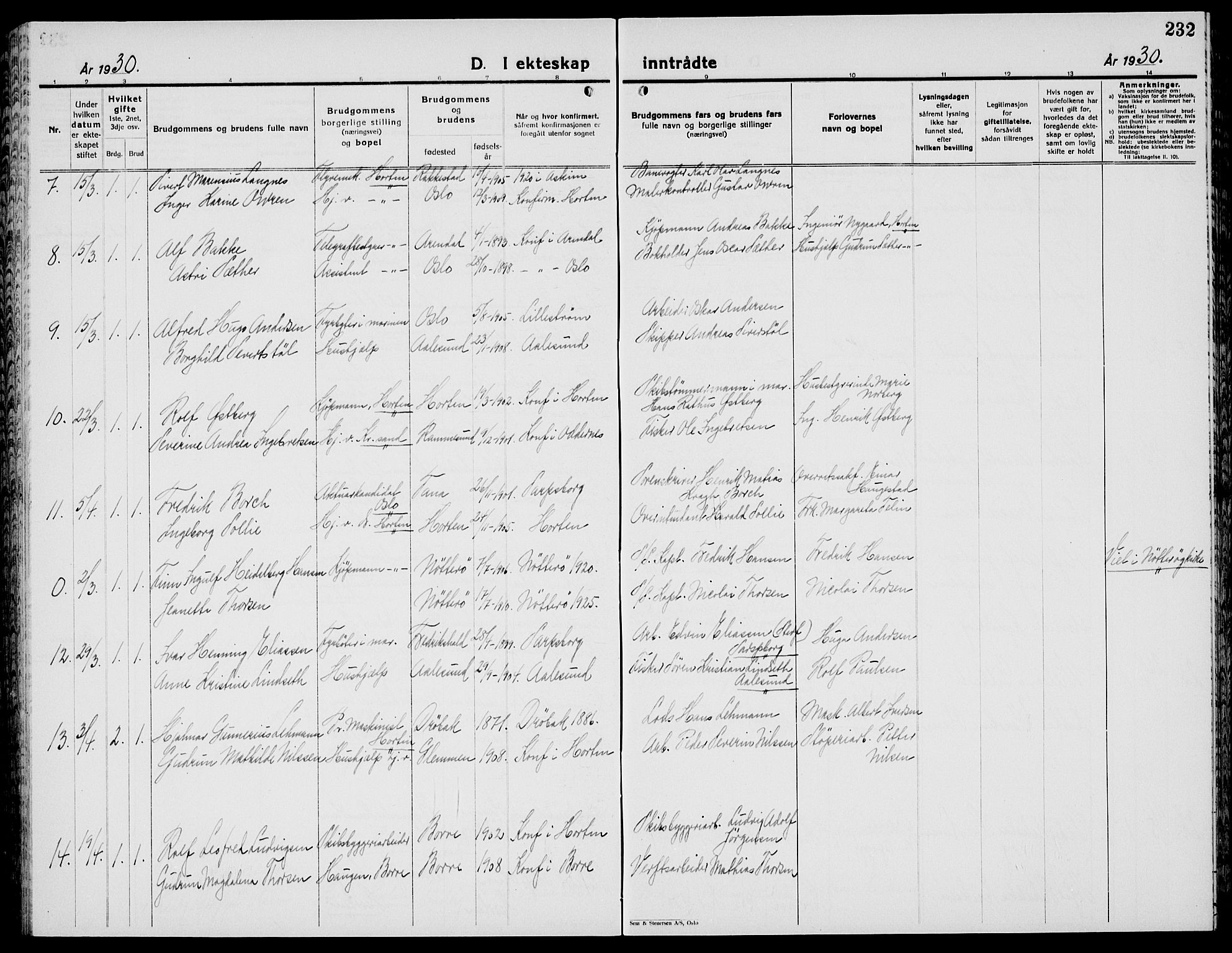 Horten kirkebøker, AV/SAKO-A-348/G/Ga/L0009: Parish register (copy) no. 9, 1926-1936, p. 232