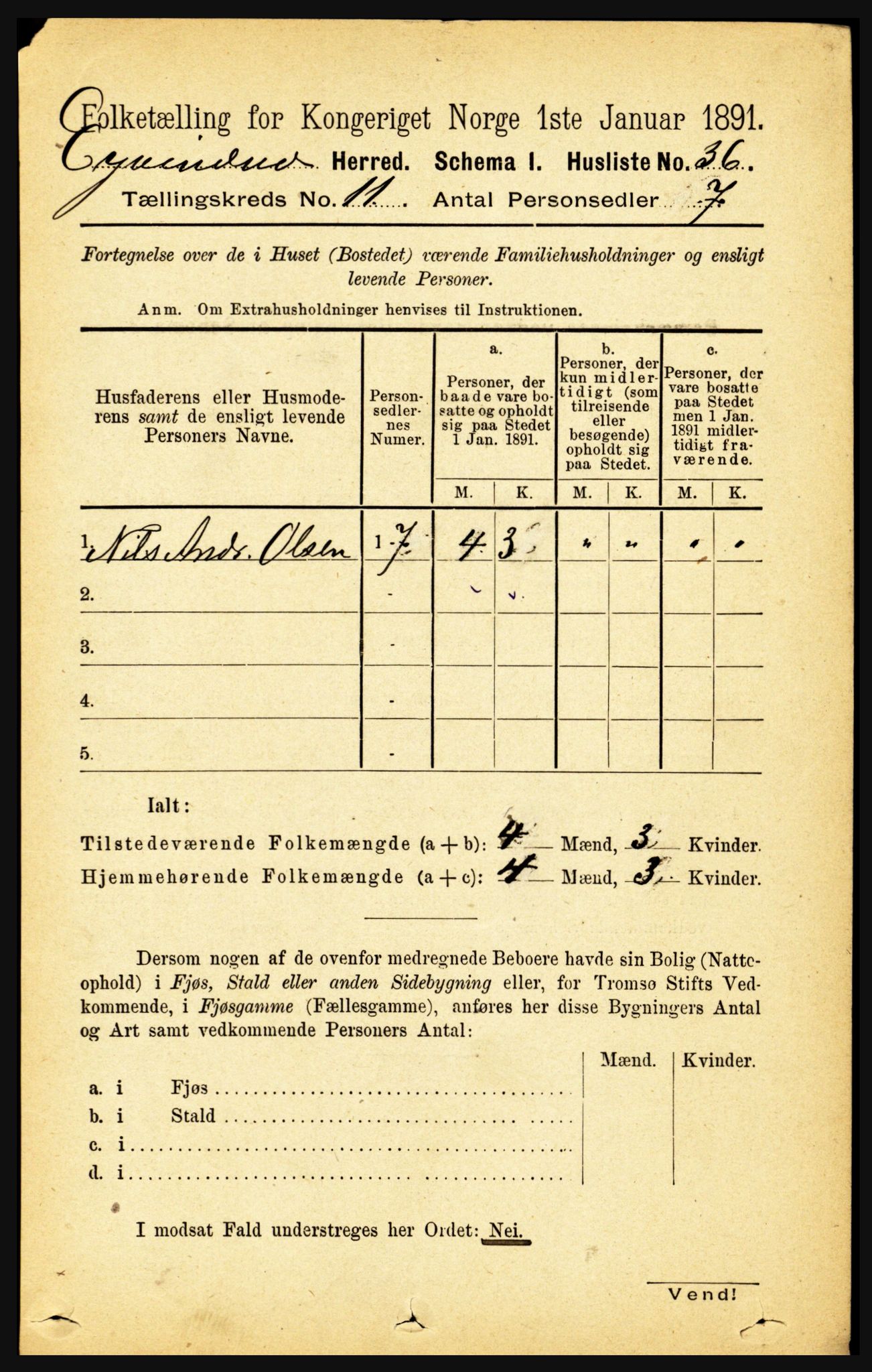 RA, 1891 census for 1853 Evenes, 1891, p. 3459