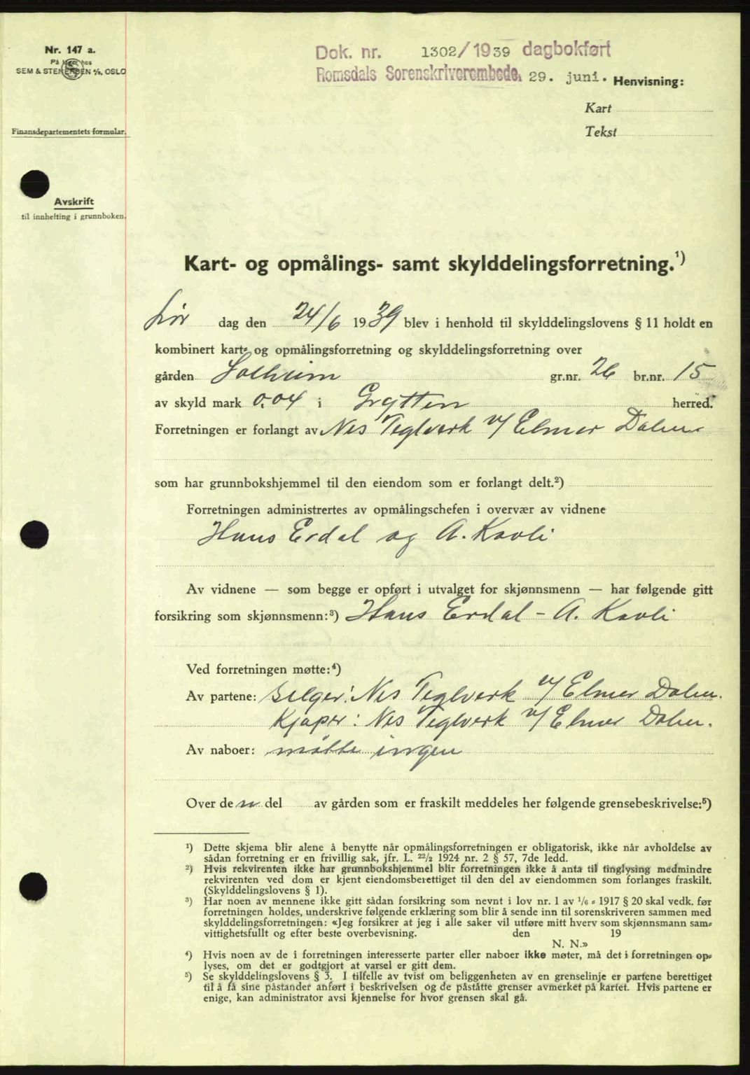 Romsdal sorenskriveri, AV/SAT-A-4149/1/2/2C: Mortgage book no. A7, 1939-1939, Diary no: : 1302/1939