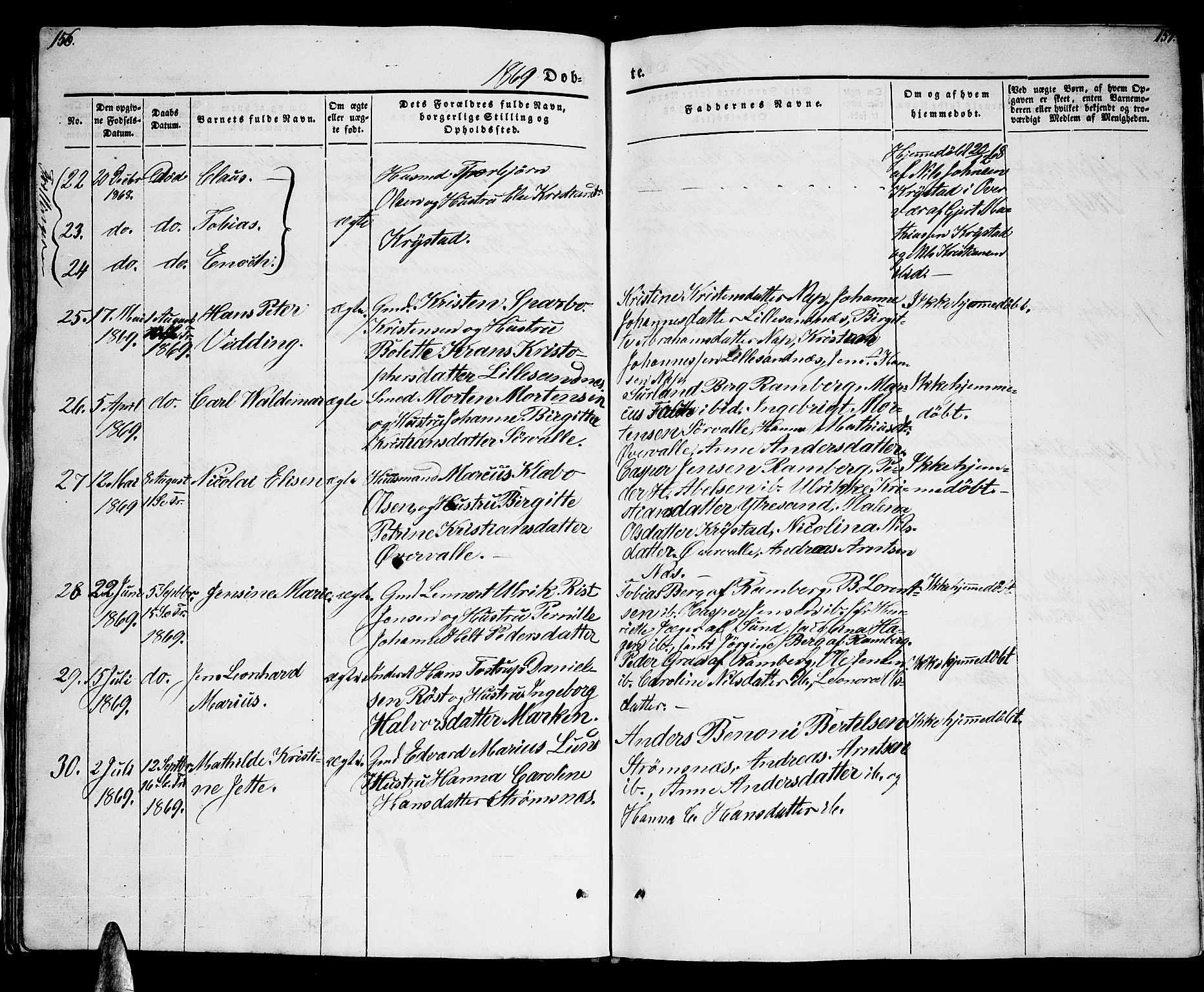 Ministerialprotokoller, klokkerbøker og fødselsregistre - Nordland, AV/SAT-A-1459/885/L1212: Parish register (copy) no. 885C01, 1847-1873, p. 156-157