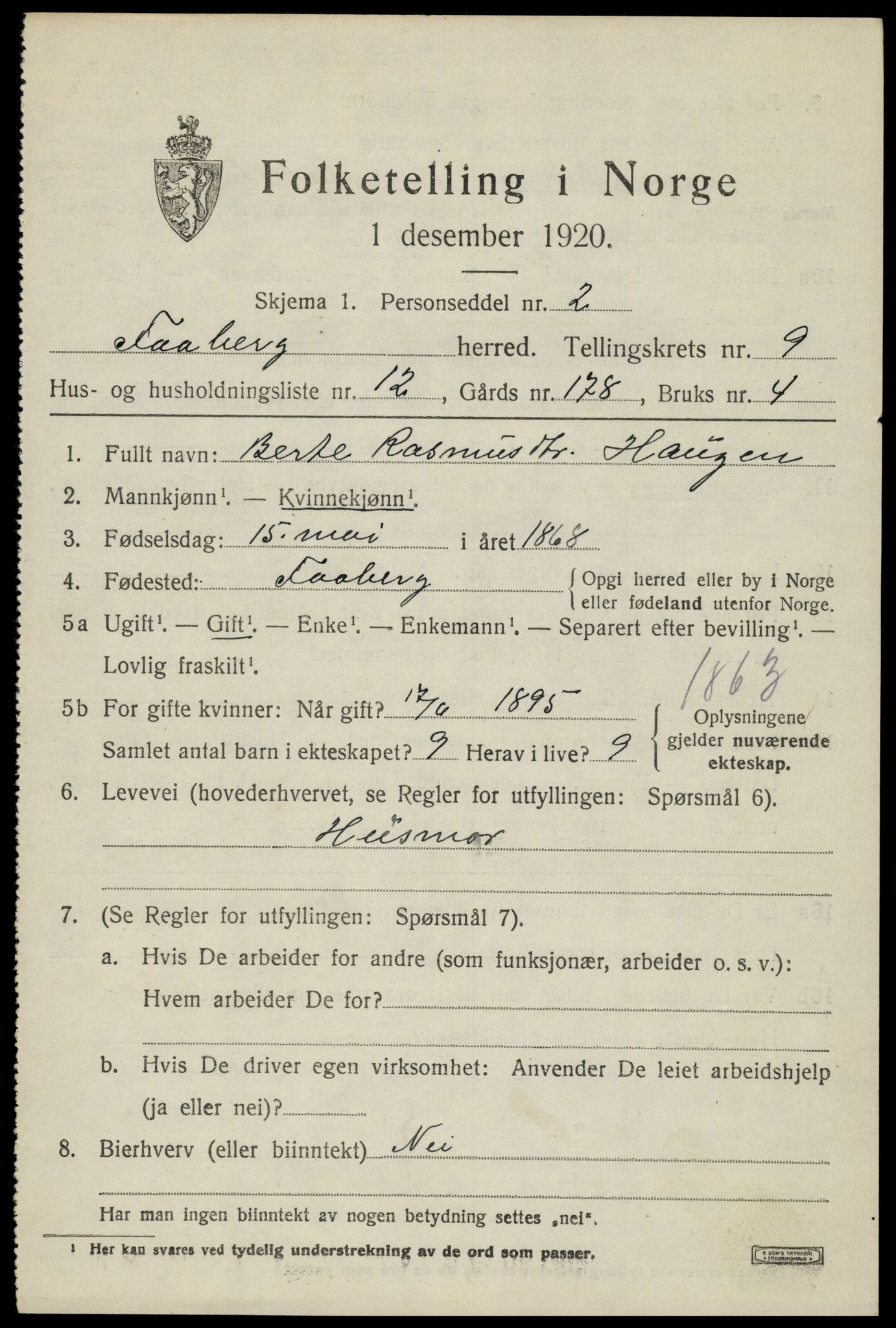 SAH, 1920 census for Fåberg, 1920, p. 10148