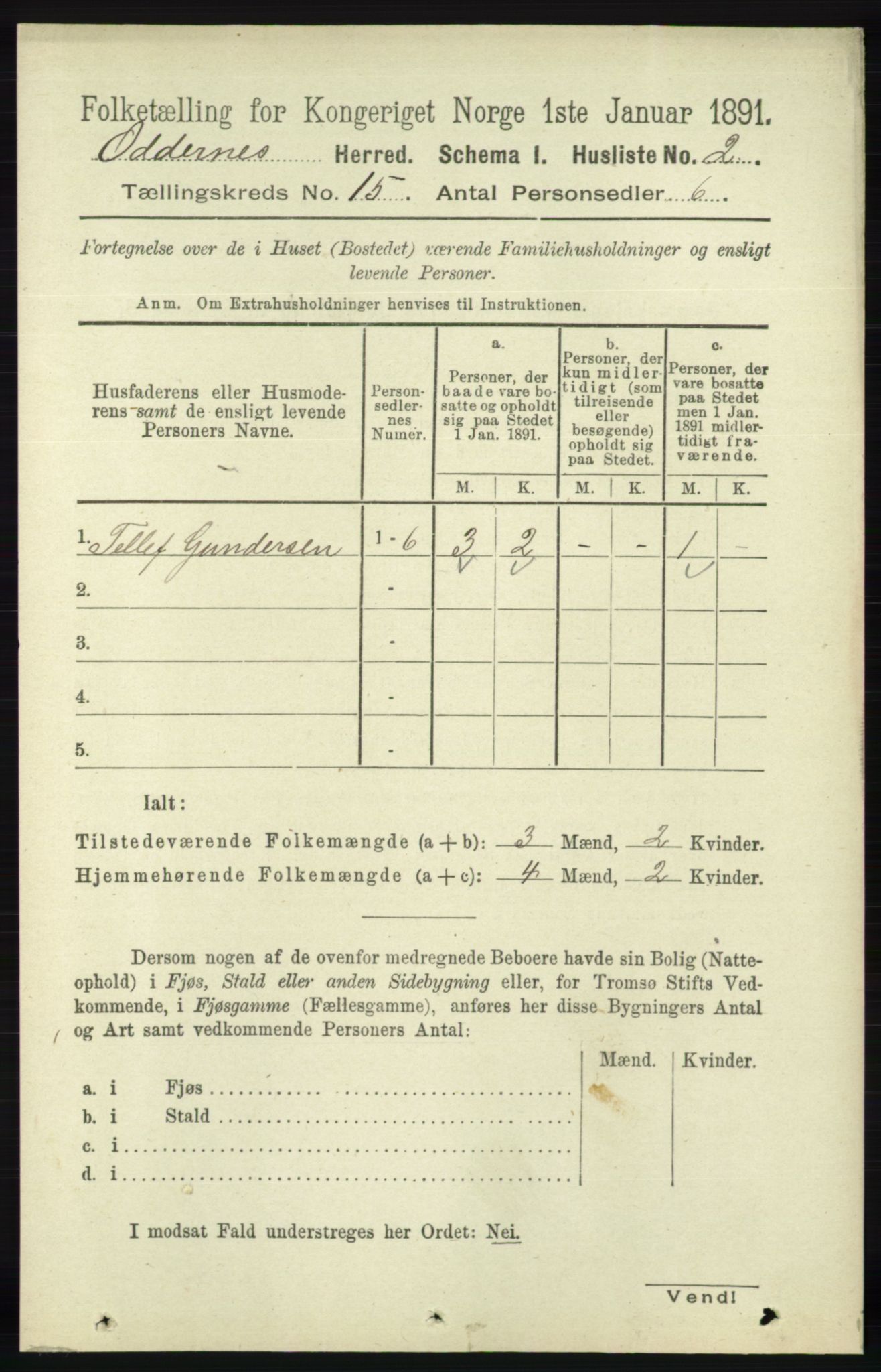 RA, 1891 census for 1012 Oddernes, 1891, p. 5011